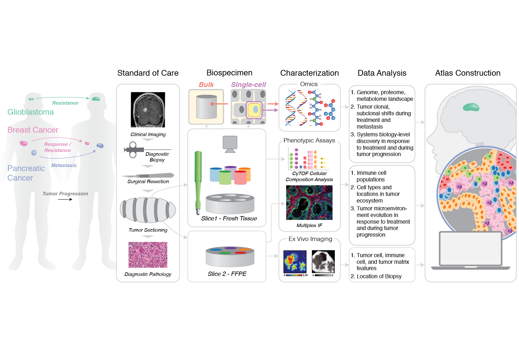 This illustration is the first figure in a grant application for the Human Tumor Atlas Network, providing a visual summary of the aims of the proposal. This successful grant application resulted in a $9.6M award to Washington University (2018-2024). 