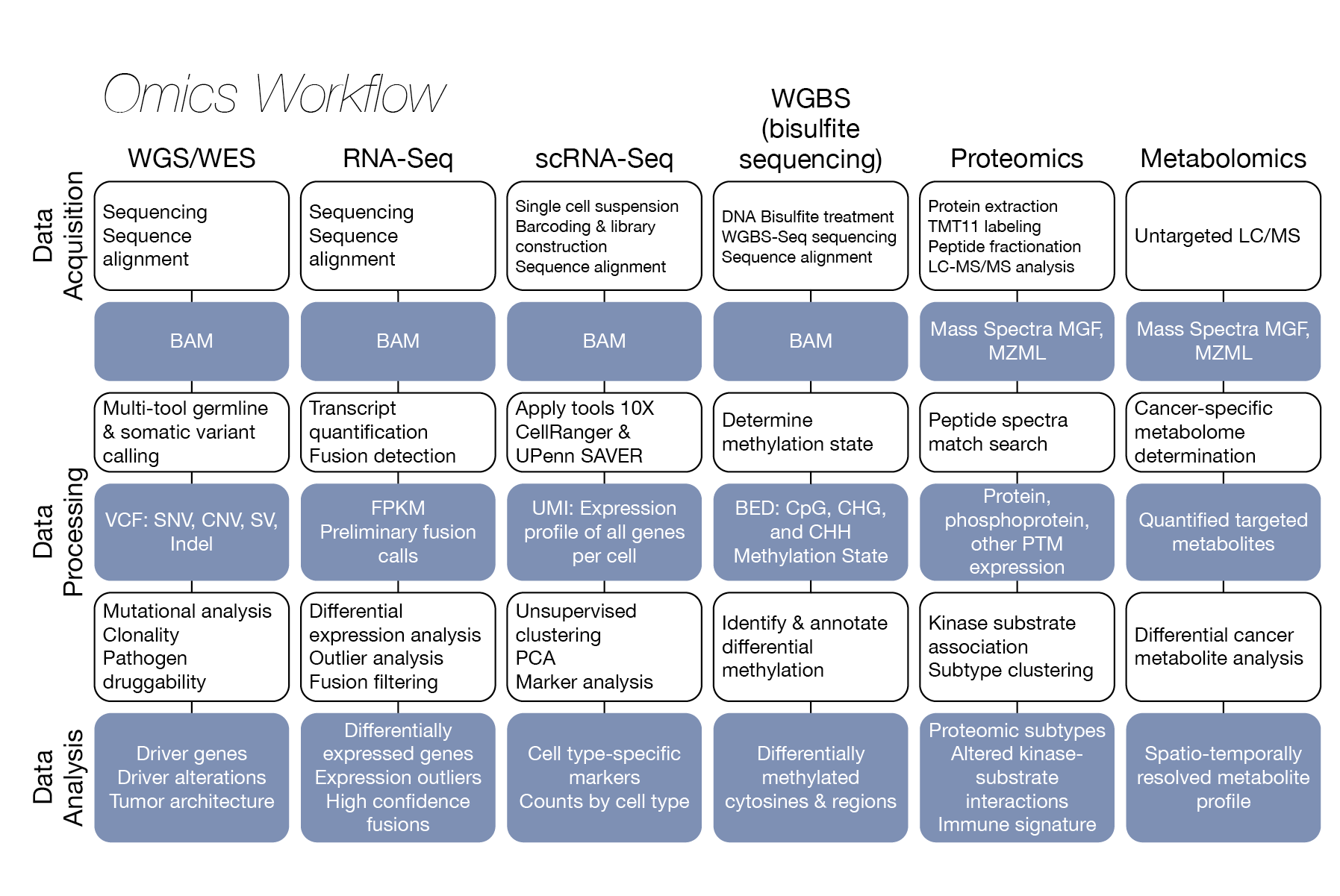 Details of data types and tools for processing of various omics data types.  This figure was part of a successful grant application to HTAN (2018)