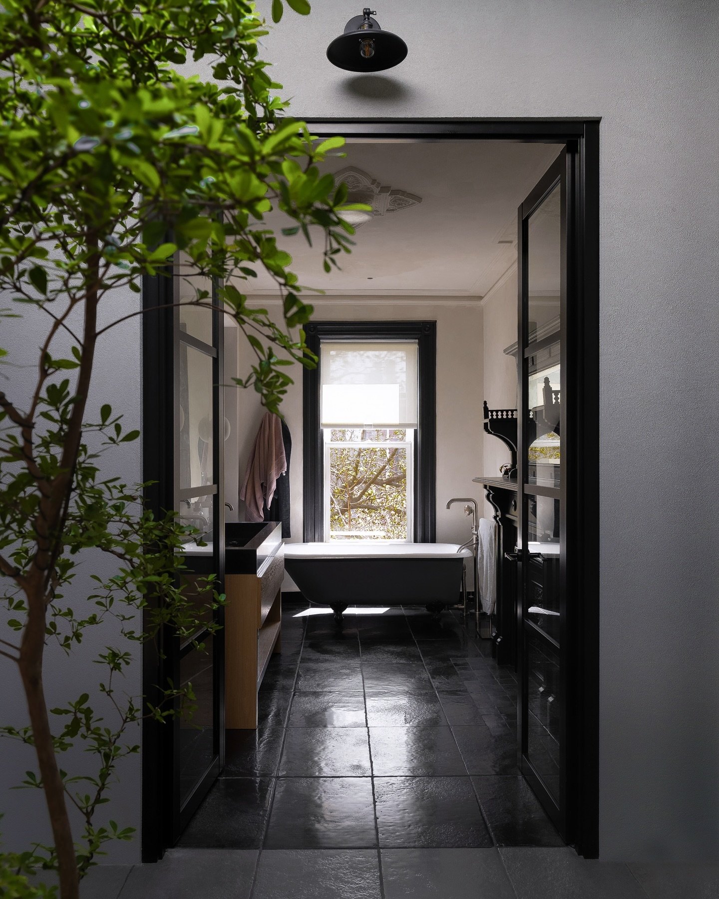 Sneak peek of our recently completed brownstone project in the historic Park Slope district in Brooklyn.
Pictured the primary bathroom, located at the home&rsquo;s upper level - it is accessed from the overhead-lit sunroom which features an oversized