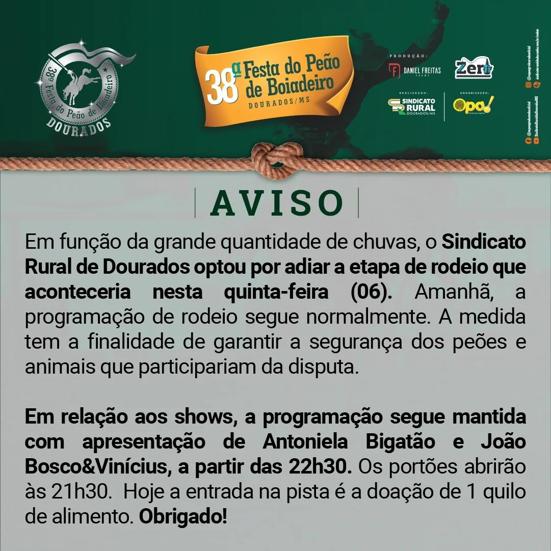 Rodeio é adiado, mas shows são mantidos; programação segue normalmente amanhã
