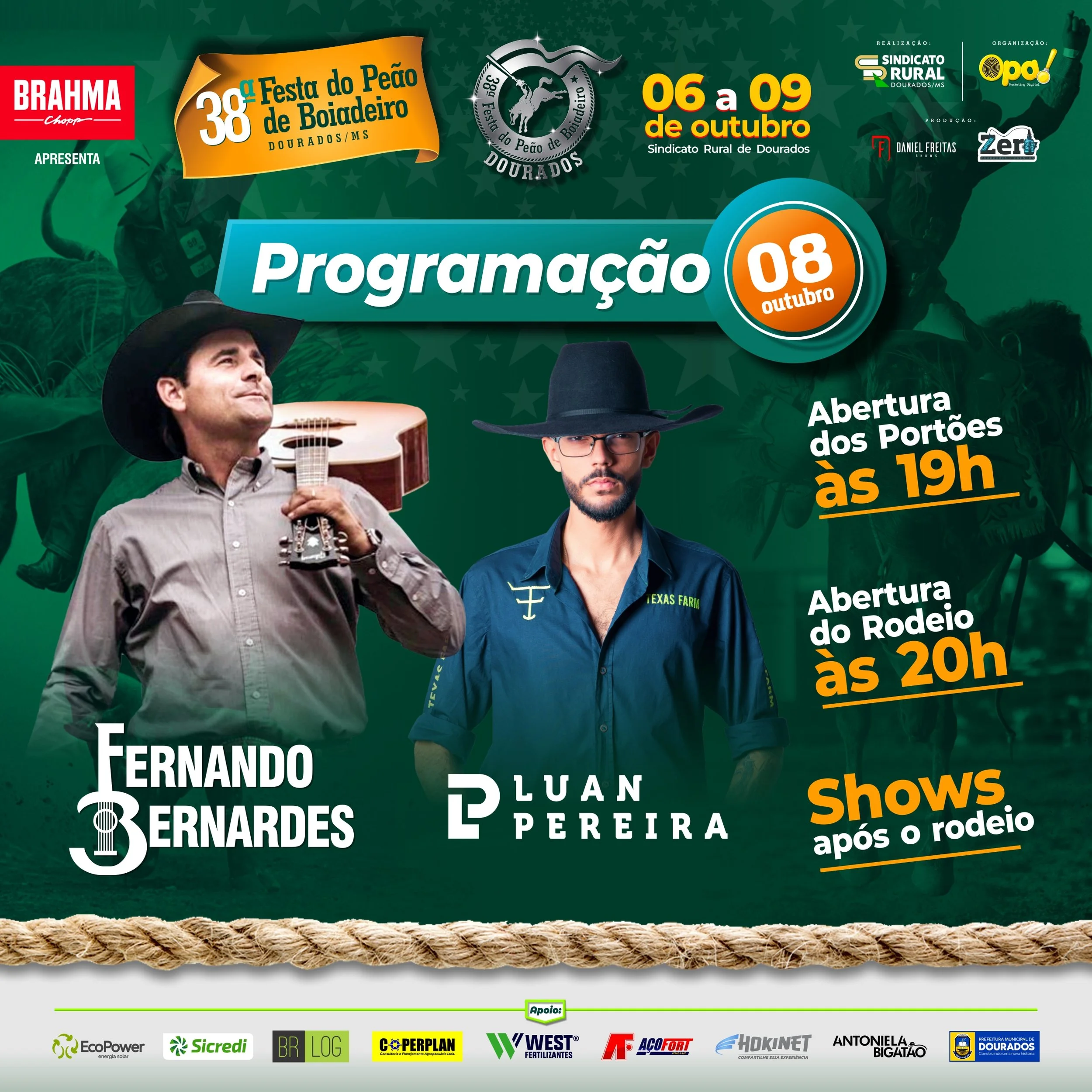 Luan Pereira e Fernando Bernardes são as atrações deste sábado após o rodeio