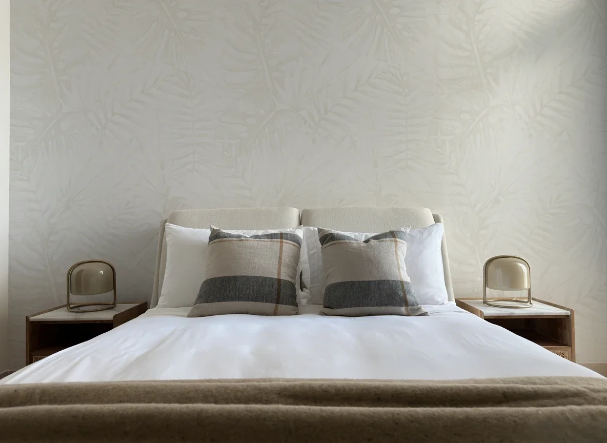 A neatly made bed with white sheets, beige headboard, and two decorative pillows with a plaid pattern, flanked by two nightstands with beige lamps in a modern bedroom.