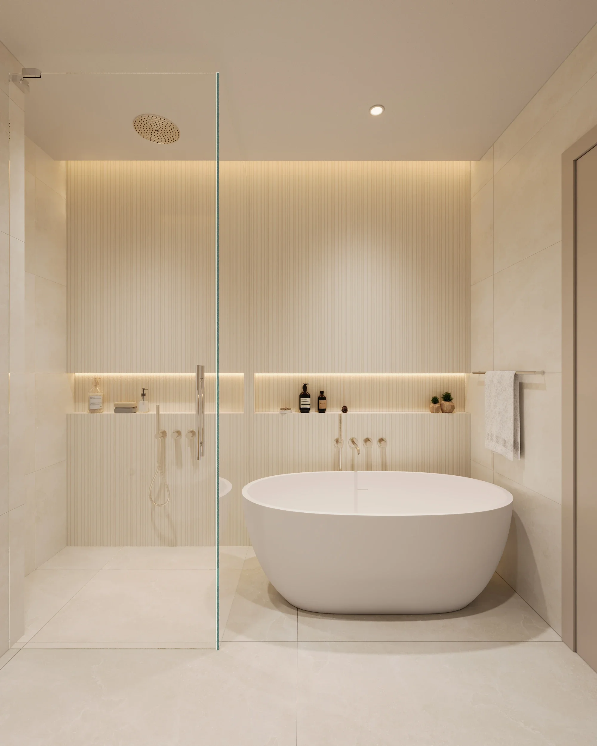 Modern bathroom with a freestanding white bathtub, beige tiles, and a walk-in shower with a glass partition.