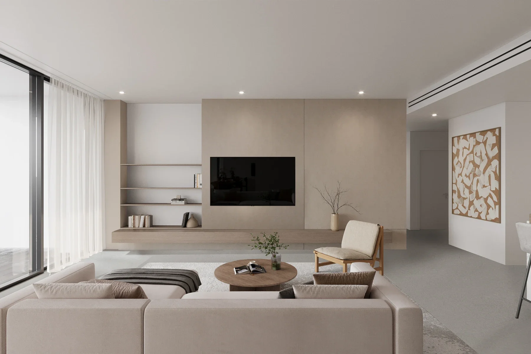 Modern living room with beige sofa, armchair, coffee table, TV on a beige wall, bookshelf, and abstract artwork, illuminated by recessed ceiling lights and natural light from large windows with sheer curtains.