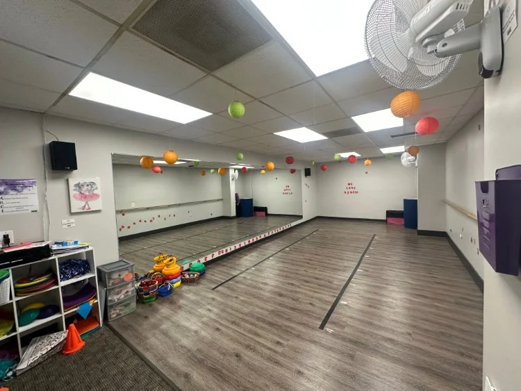 Dance.tech Dance Studio C in Blacksburg featuring a colorful early-childhood dance space with mirrors, barres, and movement props.