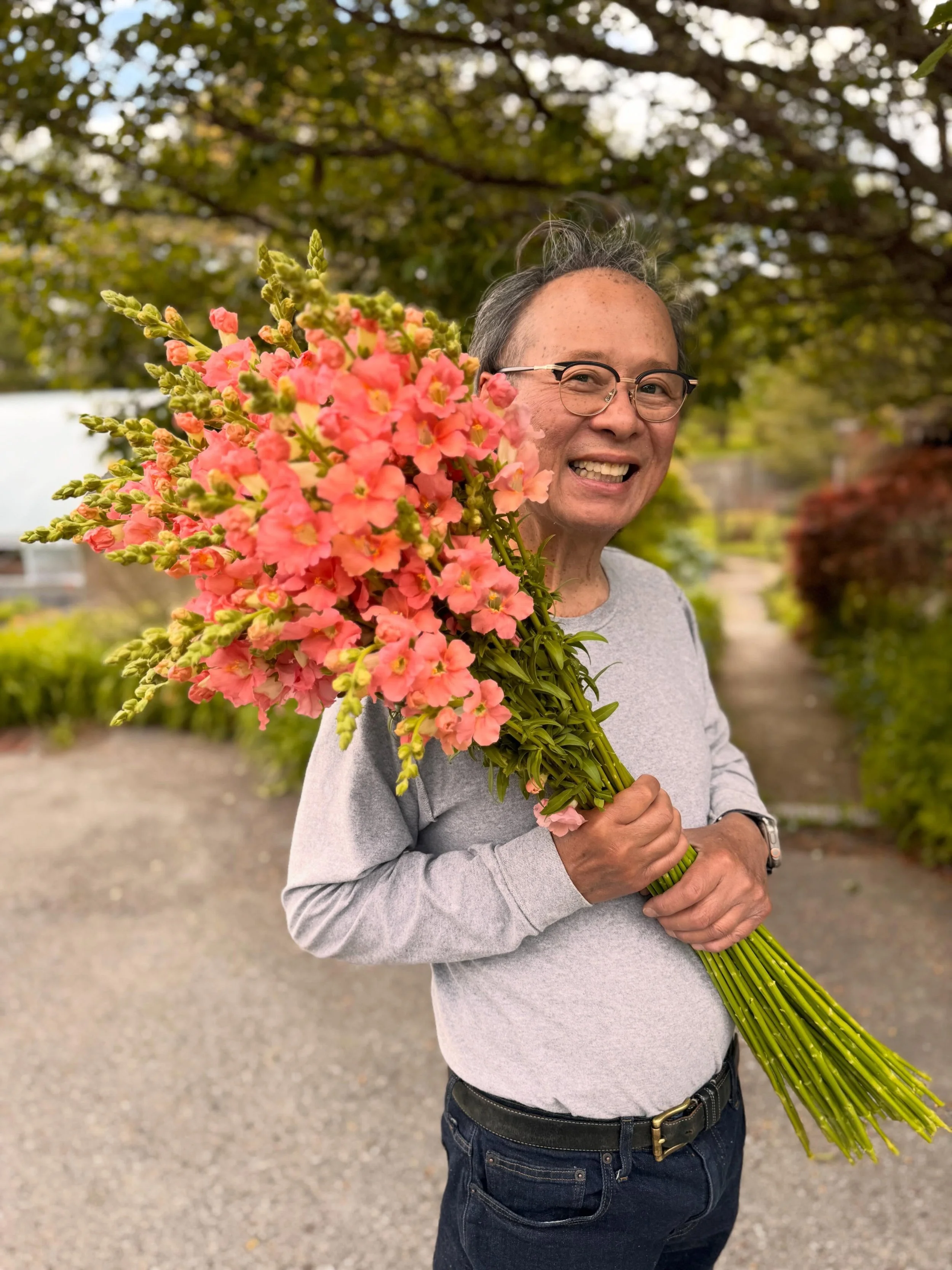 Beautiful first-cut double snapdragons heading to @coldspringfarmersmarket, @beaconfarmersmarket and @verasmarketplace this weekend, modeled by Handsome Hans! These are so lush and lovely! Also edible, pet-friendly, and long-lasting in the vase. Kind