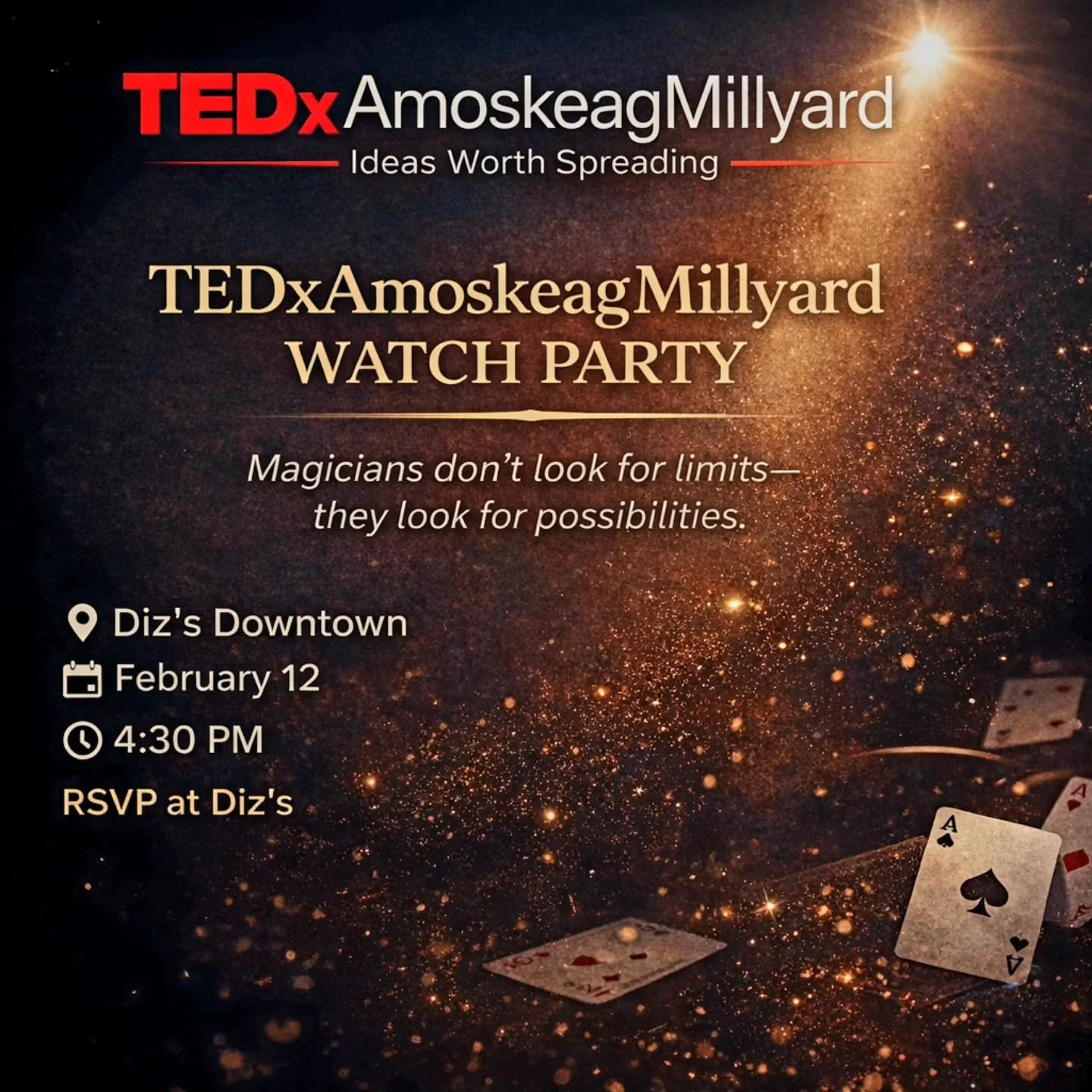 ▶️ #TEDx Watch Party at Diz&rsquo;s Downtown

🪄✨️ Join magician &amp; motivational speaker DaSean Greene for a special watch party featuring his TEDx talk on perspective, possibility, and believing what&rsquo;s possible.

Feb 12 | 4:30 PM
📍 Diz&rsq