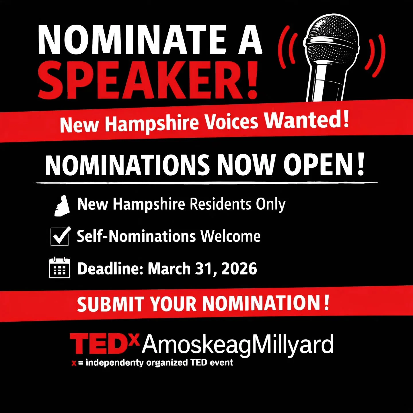 Every great TEDx talk starts with a powerful idea and that idea often comes from someone in our own community.

We&rsquo;re inviting you to nominate at least one person for our next event. If you know someone with a compelling story, bold insight, or