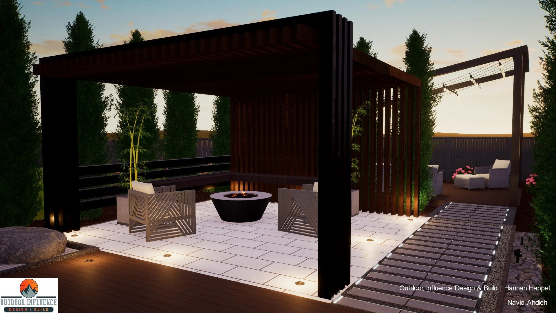 Modern outdoor patio with a pergola, seating area, and fire pit, surrounded by tall trees and flowers, showcased by Outdoor Influence Design & Build.