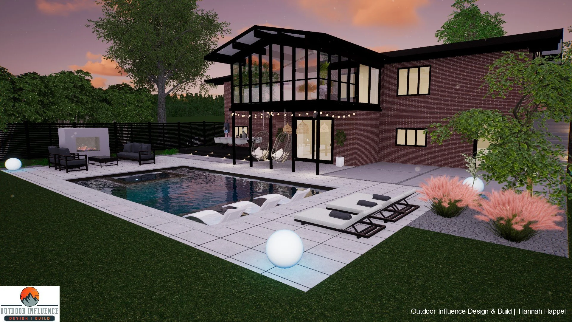 Modern backyard with pool, lounge chairs, and string lights. Two-story house with large windows and a patio featuring hanging chairs. Lush landscaping with trees and bushes. Evening setting.