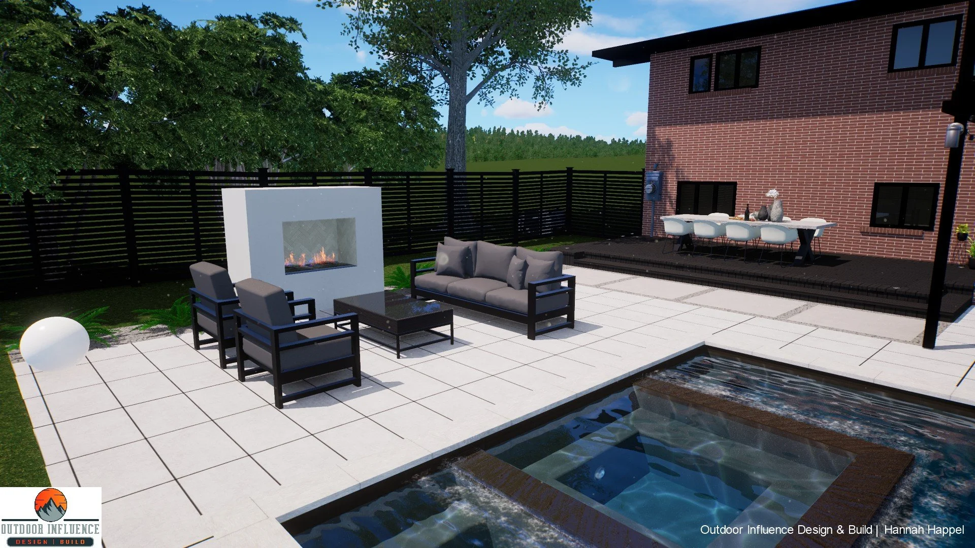 Modern outdoor patio with a fireplace, gray seating, dining area, pool, and trees in background.