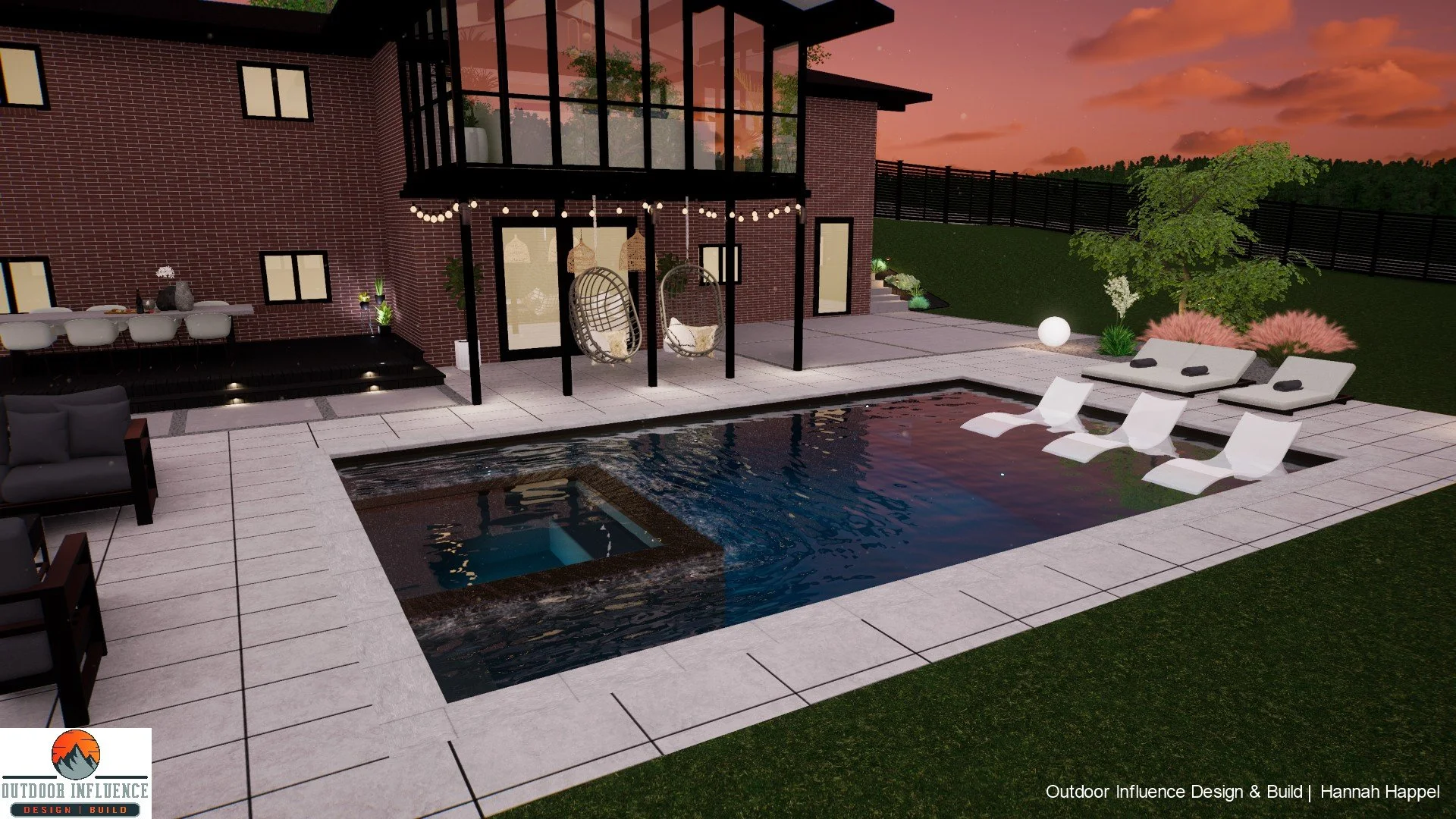 Modern backyard design with swimming pool, lounge chairs, hanging egg chairs, and outdoor seating area at sunset.