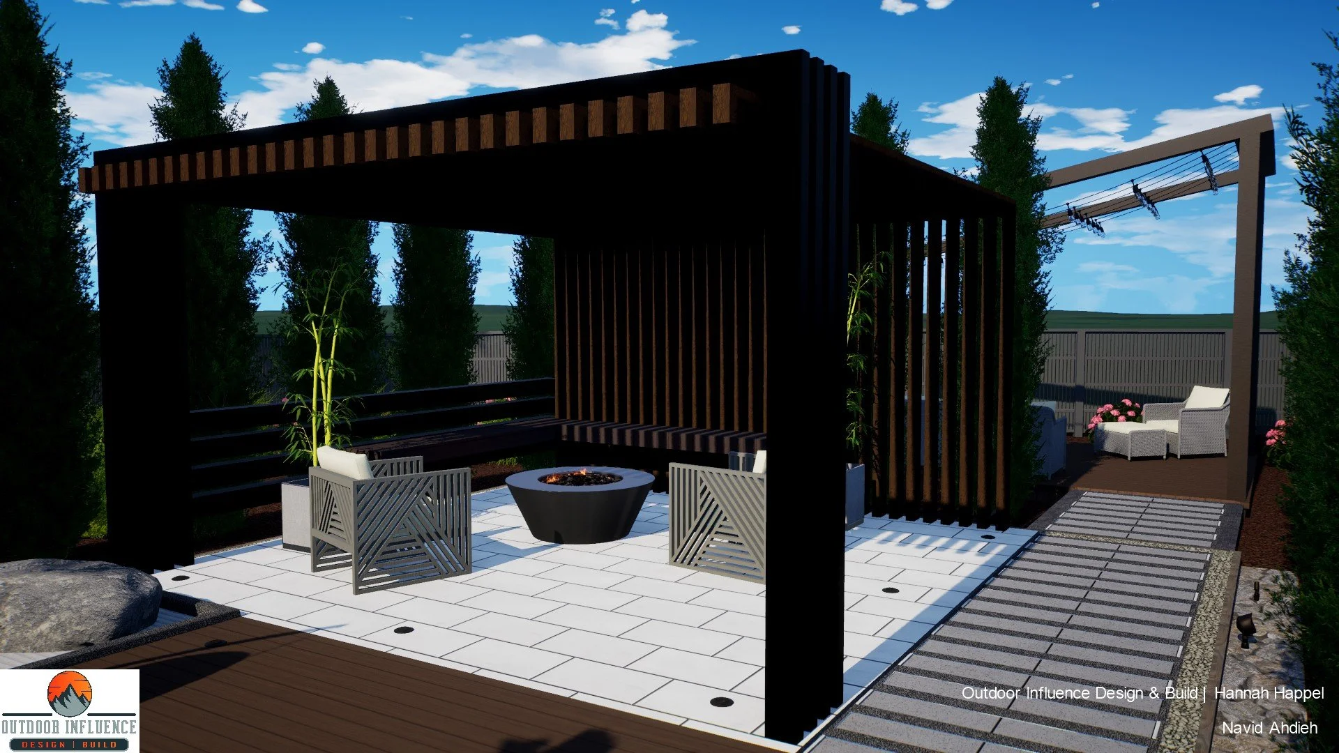 Modern outdoor seating area with a pergola, white tiled floor, fire pit, and lounge chairs; surrounded by tall trees and plants.