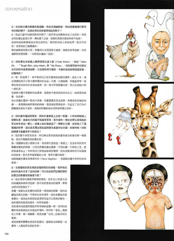Magazine page featuring a conversation in Chinese text with three surreal illustrations: first, a person squatting with a chicken and two birds on their head; second, a child with giraffe-like neck and animal ears; third, a person holding a detached 