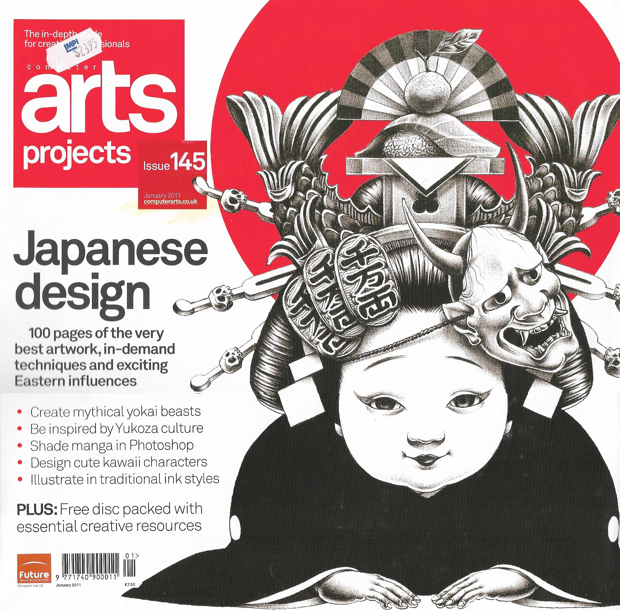 Magazine cover of "Computer Arts Projects" Issue 145 featuring Japanese design. The cover highlights topics such as creating mythical yokai beasts, being inspired by Yakuza culture, and designing cute kawaii characters. The illustration includes trad