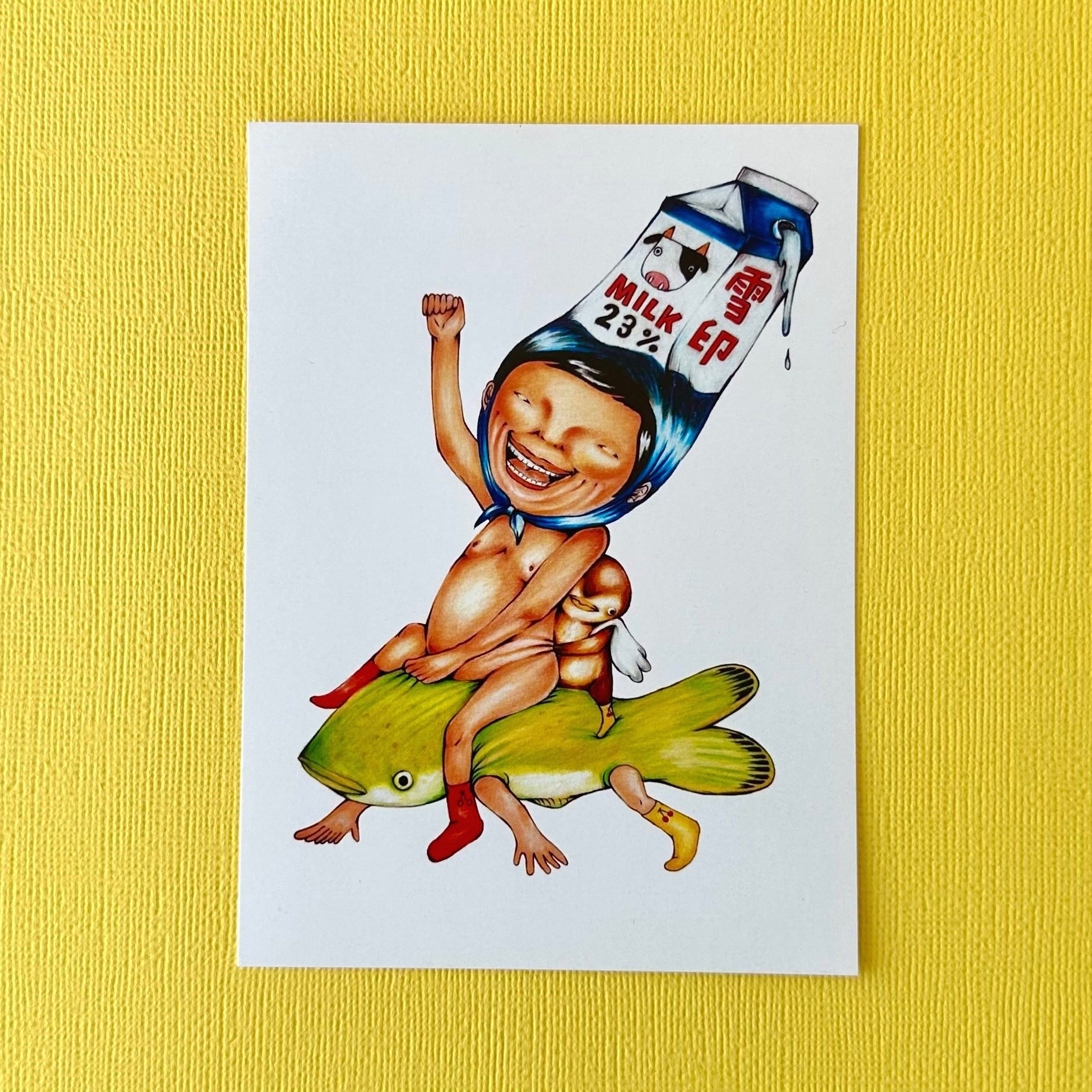 Postcard of Yuka Yamaguchi's colour pencils drawing "Calcium keeps me calm"