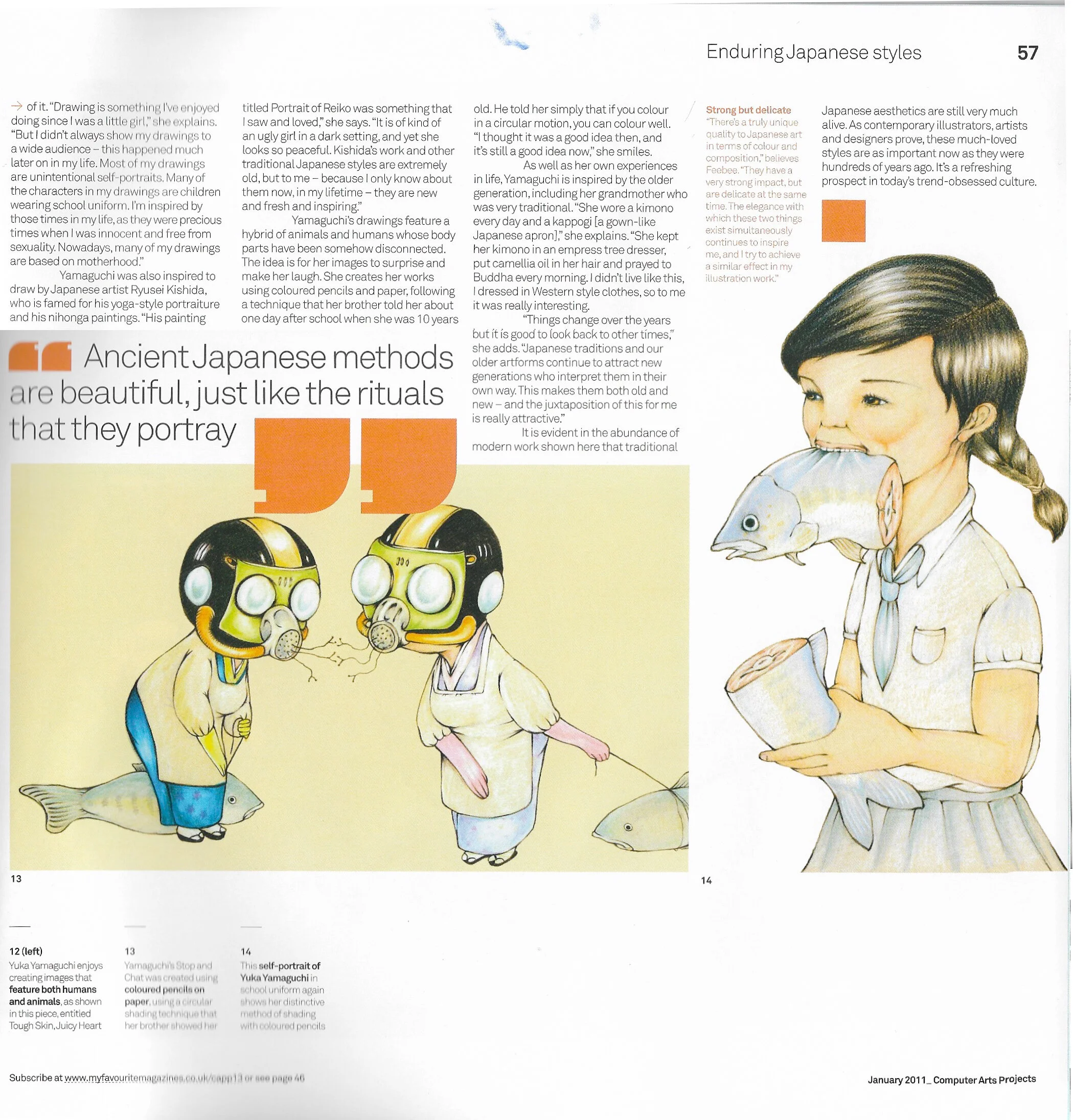 Magazine page featuring illustrations by Japanese artist Yuka Yamaguchi. Includes a drawing of two figures in gas masks connected by feeding tubes, holding fish. Another illustration shows a girl with a fish in her mouth and arms. Text discusses anci