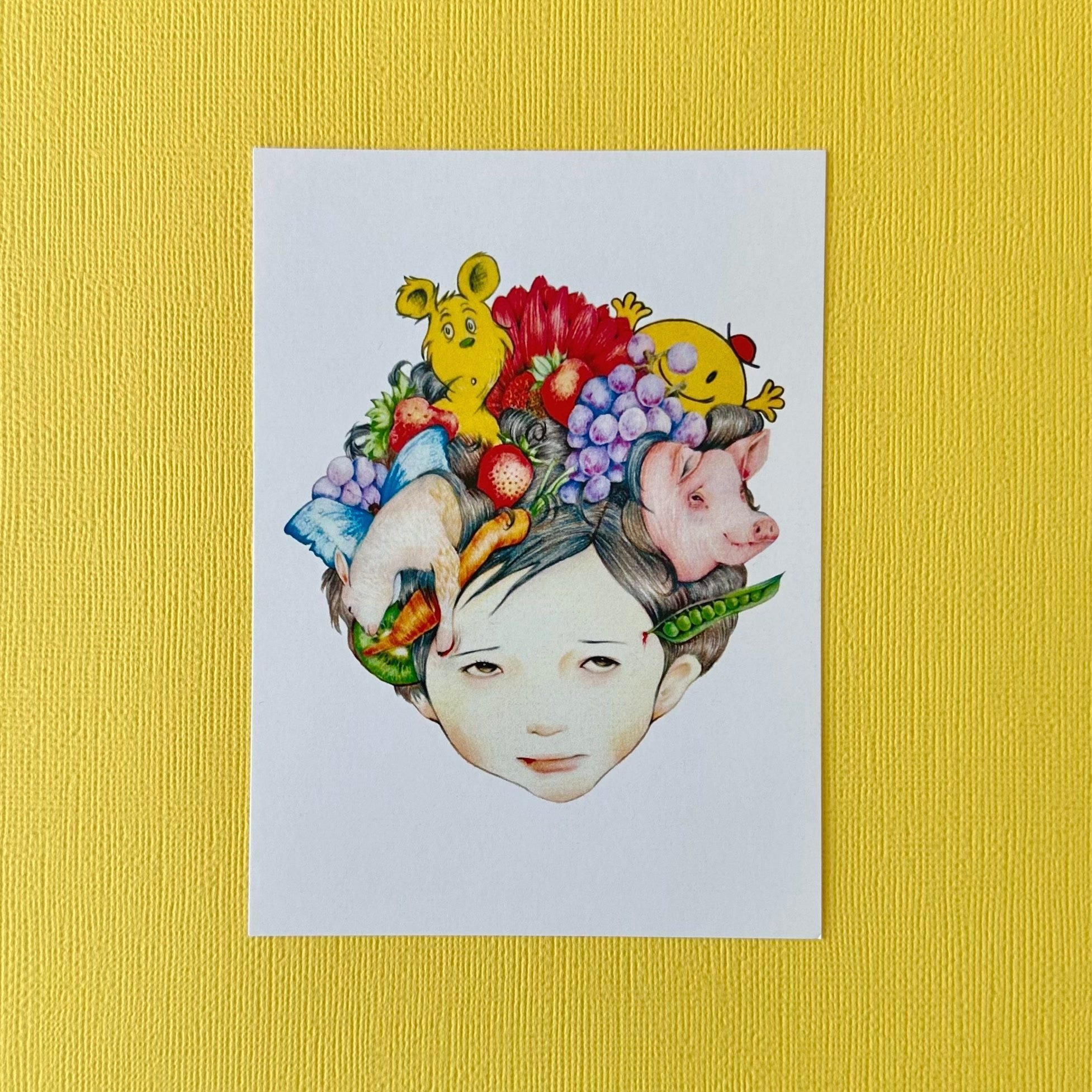 Postcard of Yuka Yamaguchi's colour pencils drawing "Bad Hair day"
