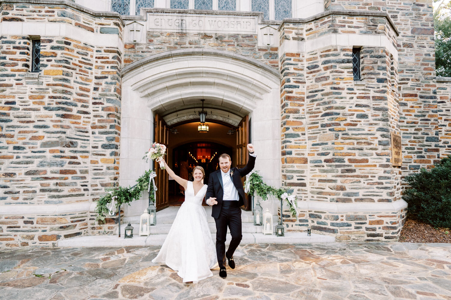 a groom and bride happily exit church