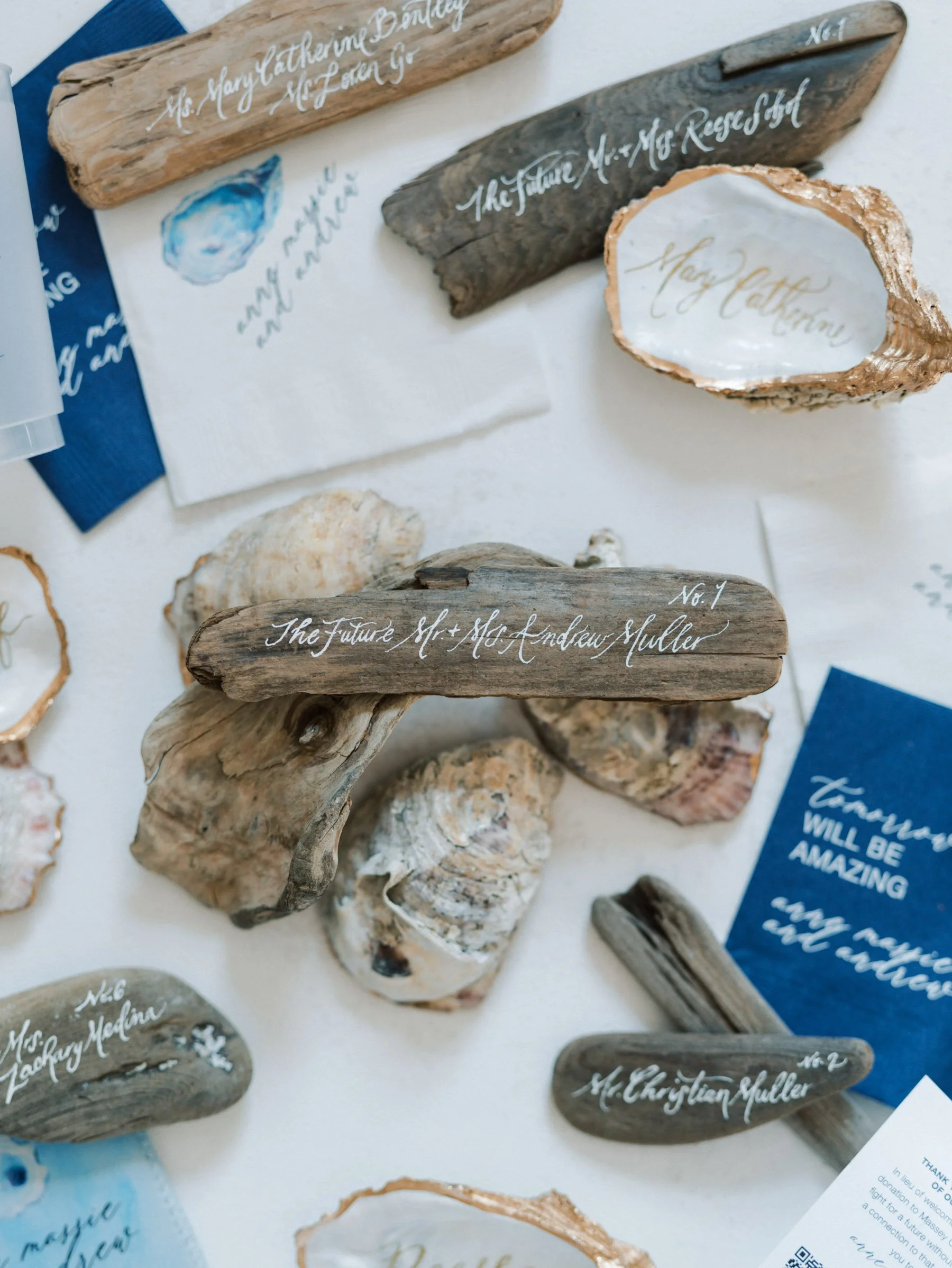 Collection of driftwood and shell decorations with handwritten calligraphy names and titles, arranged on a white surface.
