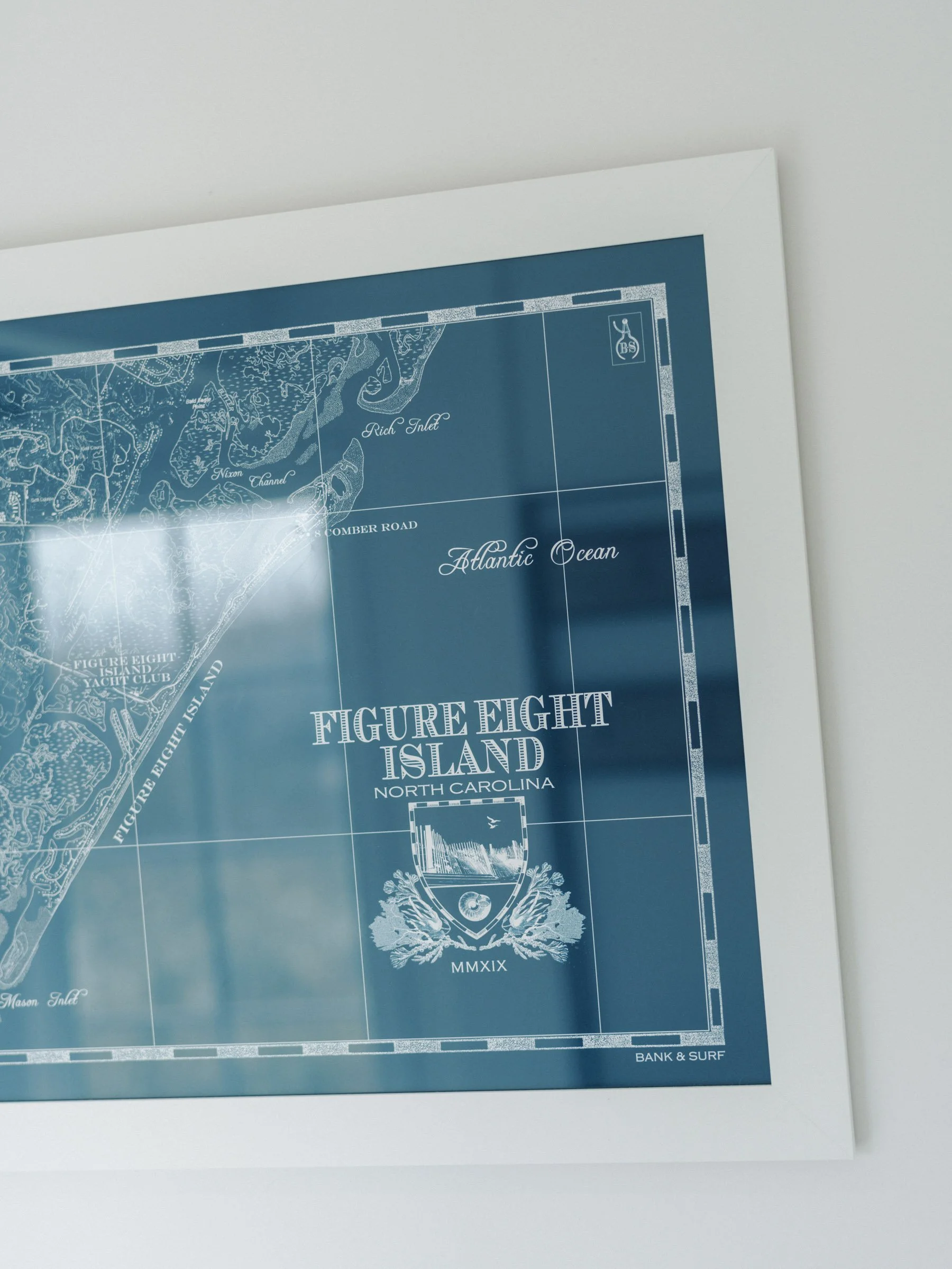 Blueprint map of Figure Eight Island in North Carolina, showing the island's layout, roads, and geographic features.