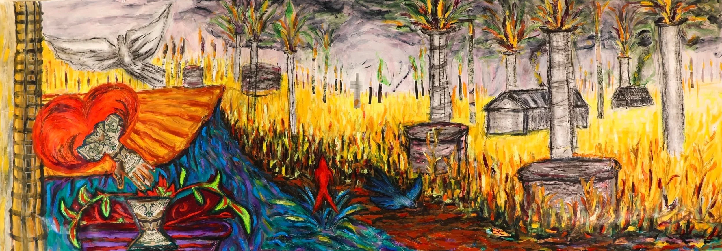1.  "51 Miles of the Houston Ship Channel" (2025, 96 x 32, acrylic paint on acid-free paper).
Once a lush green watershed, the Houston Ship Channel has been remade into one of the most polluted industrial corridors in the United States. Marshes gave 