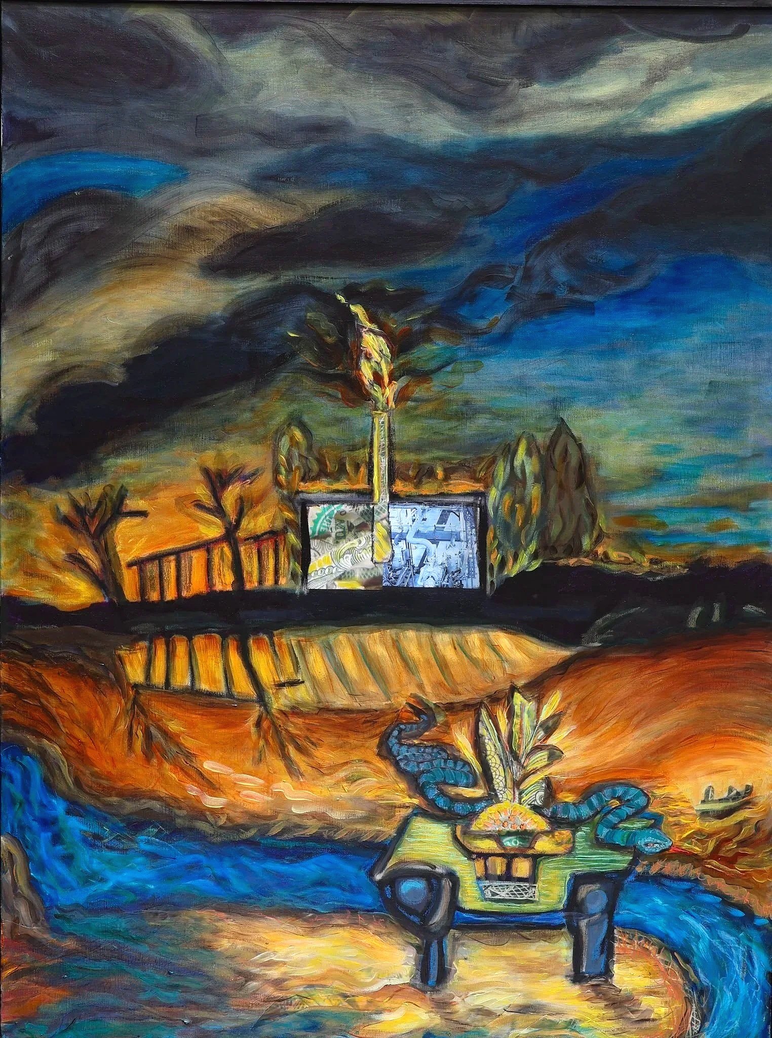 2.  "Manufactured Landscapes: At the Edge of Everything" (2026, 36 x 48) represents an environmental tipping point. We see a devastated landscape sitting atop a melting glacier.  A single factory smokestack represents our ongoing burning of fossil fu