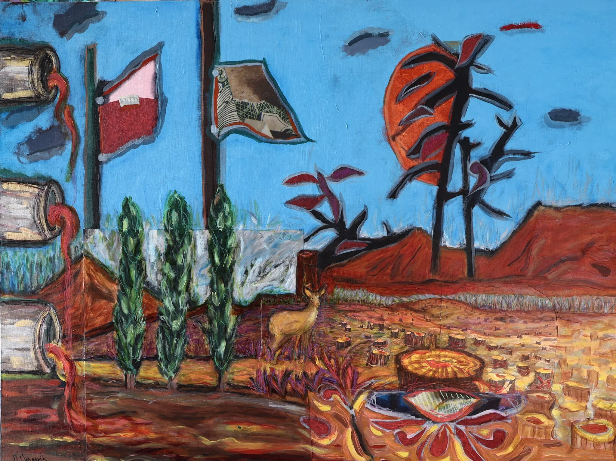 4. "Manufactured Landscapes: First Possession" (2026, 48 x 36) is the first in a series of works that address environmental degradation. This painting refers to 18th century land possession, cultural erasure of indigenous peoples, and introduction of