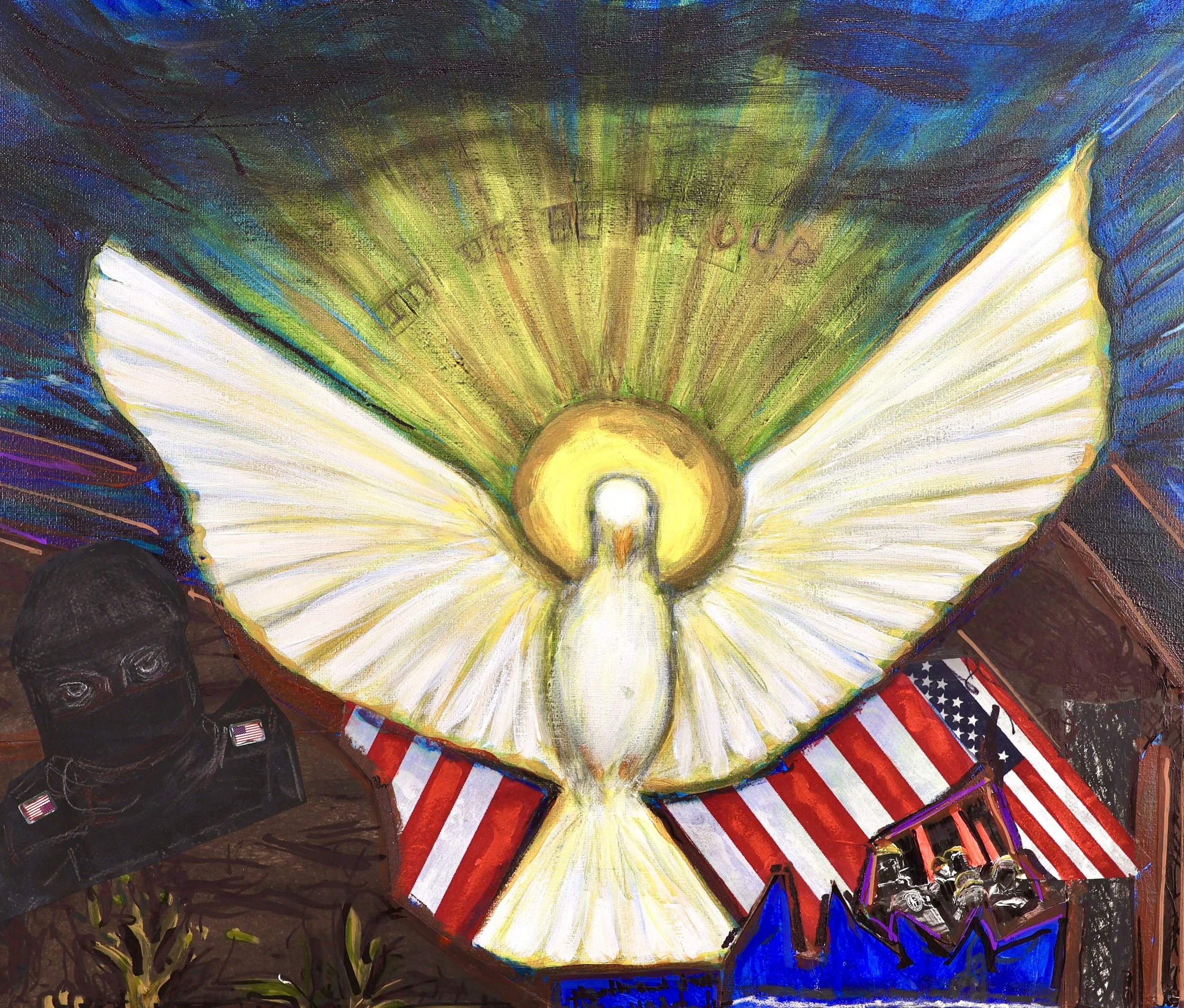 "America at 250: In US Be Proud" (2026, 26 x 24). This work explores the fraying of shared social spaces during the United States' 250th anniversary celebration of the Declaration of Independence.

I am a patriot. I love my country. Yet beneath the p