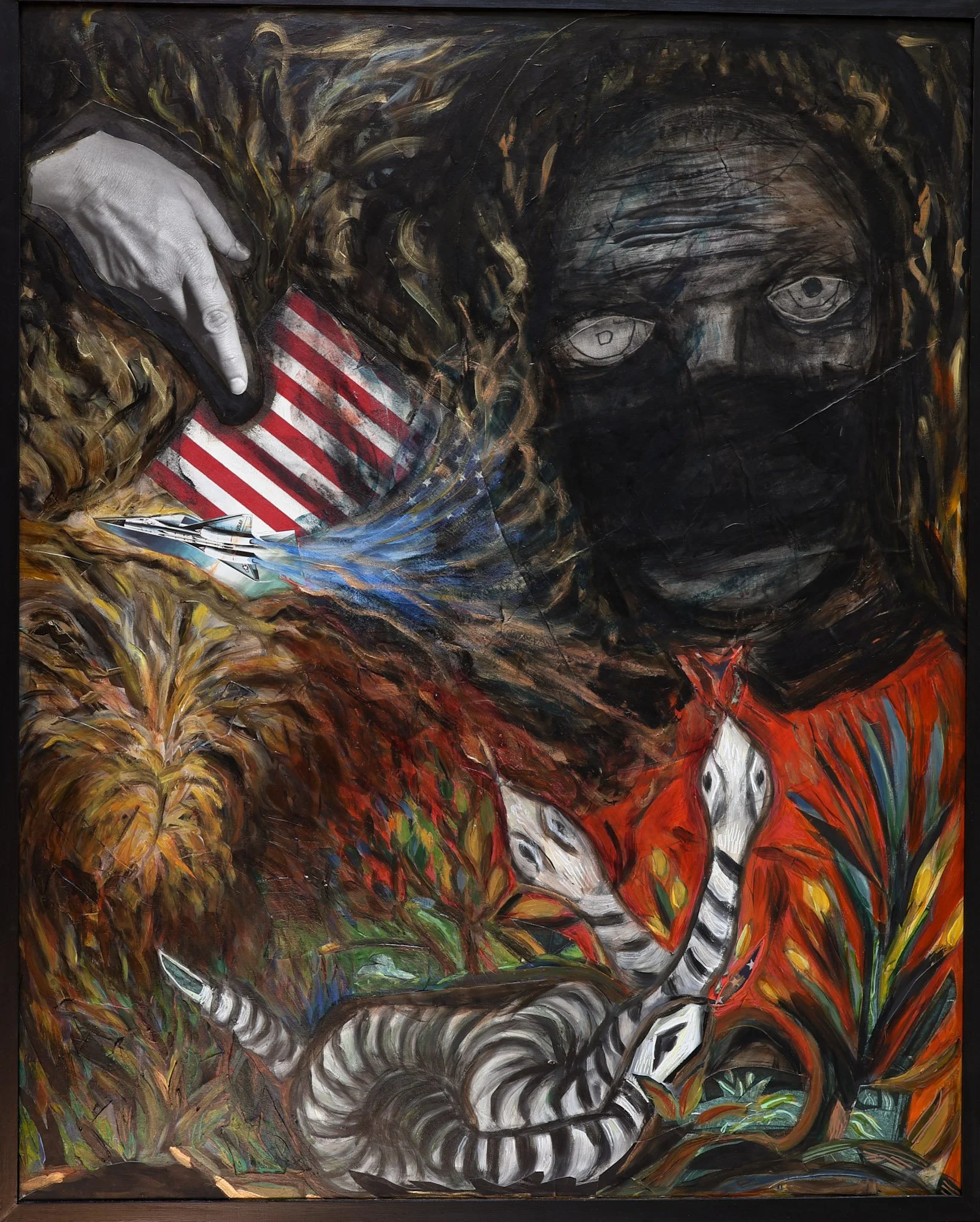 "America at 250: Proud Boys, Persia" (2026, 32 x 40) . An American bomber rains destruction upon Iran. Above the scene, a stark image of the Hand of God points toward the devastation. Yet, contrary to the rhetoric of the U.S. Secretary of War, the Ha