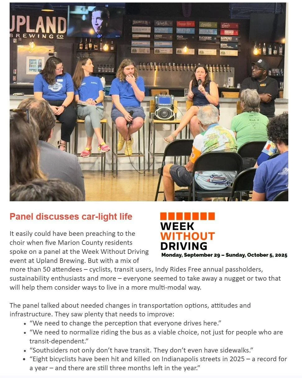 Did you try a #WeekWithoutDriving (Sept 29 - Oct 5)? 

Don't miss the Oct 21st Book Club, 6pm at @centerpointbrewing. The group is reading 'When Driving is Not An Option', by Anna Letitia Zivarts

@cirta_commute @indygobus @indy.mpo @bicyclegarageind