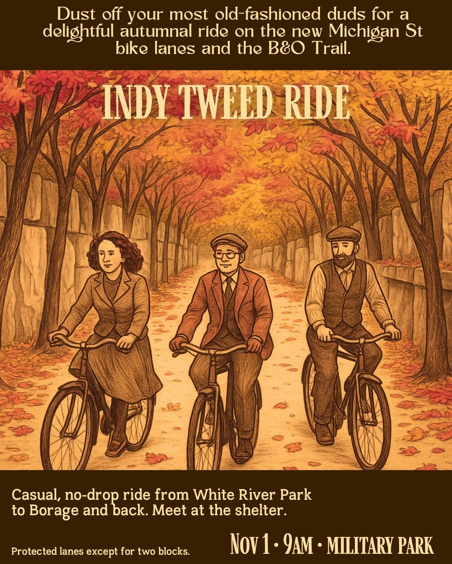Pull out your wool, shine your brass bells, and join us for a leisurely, dapper autumn ride through the heart of Indianapolis this Saturday starting at 9 am! https://www.facebook.com/share/17Hwe2FAxz/