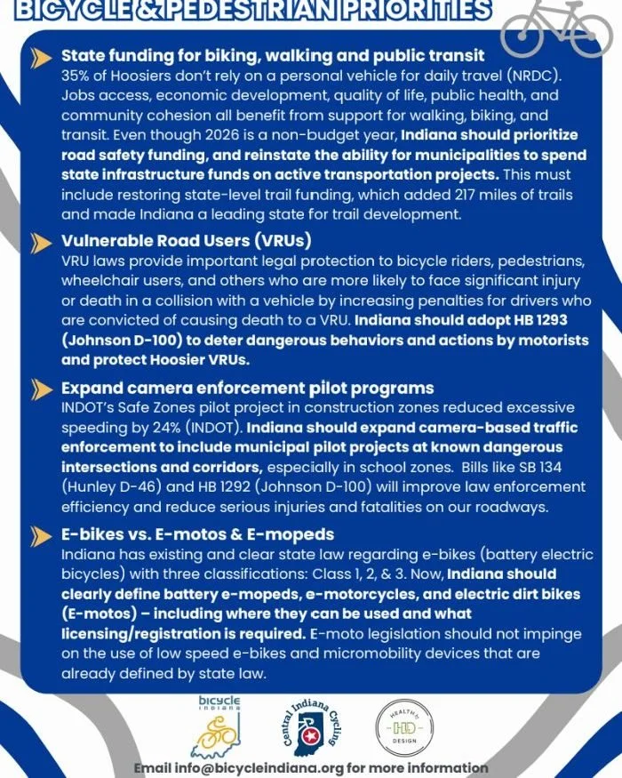 Now's the time to reach out to Indiana legislators. There are several bills in play and they need to hear that biking, walkability, &amp; safe streets are important to you. 

#VisionZero #StrongTowns #SafeStreets #PublicSafety #PublicHealth #ActiveTr