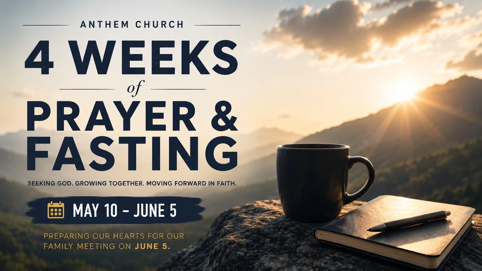 Tonight at the retreat, we&rsquo;ll invite the church into four weeks of guided prayer and fasting. 

This is leading up to our Anthem Family Meeting on Friday, June 5. 

Message us if you'd like to join! 

We have short prayer prompts Pastor Phil is