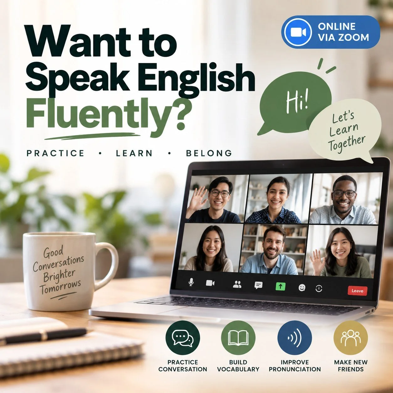 Want to practice English? Our ESL classes are a welcoming place to practice conversation, build vocabulary, improve pronunciation, and make new friends.

We have five classes every week, with options for beginner, intermediate, and advanced learners.