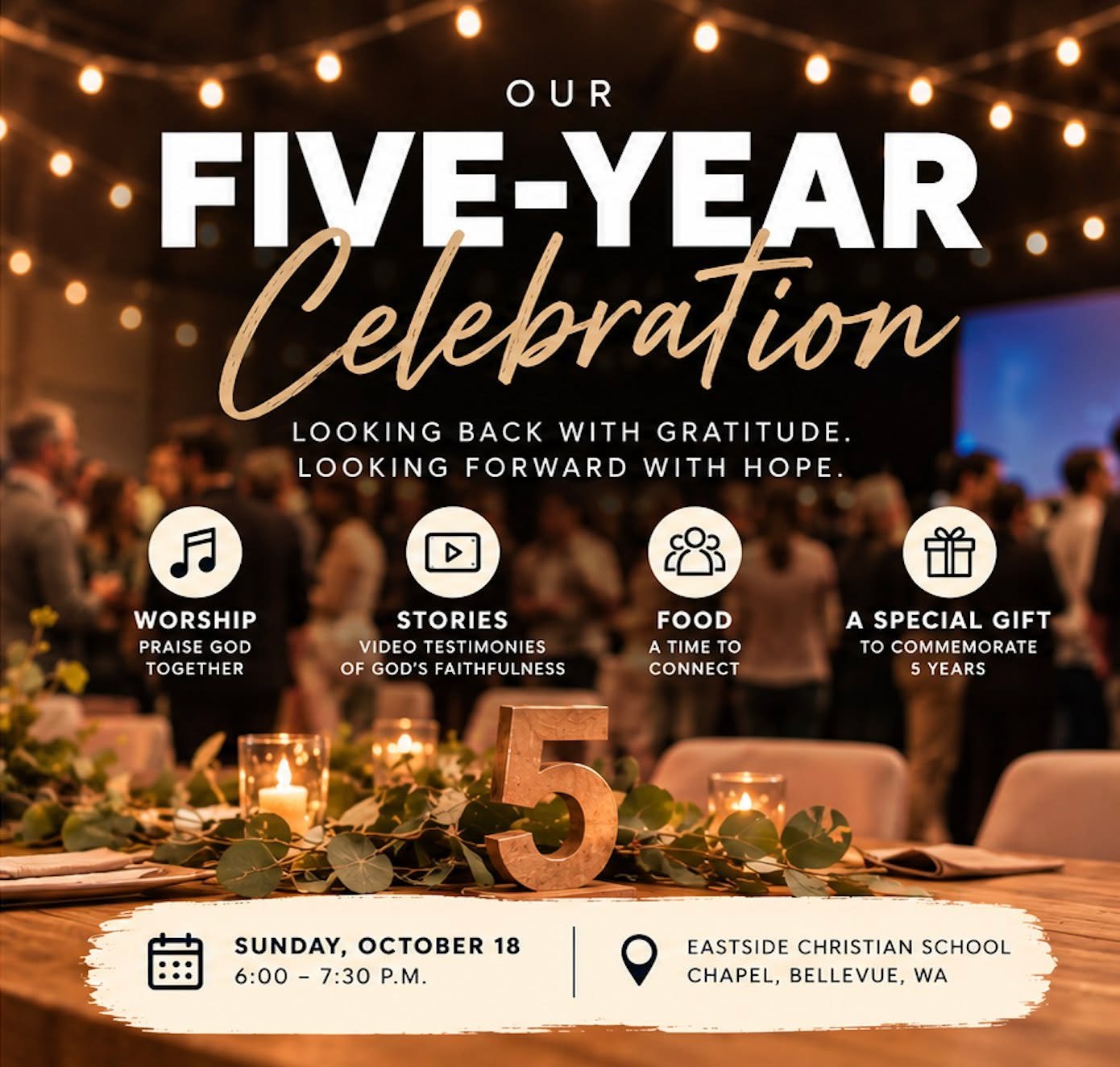 Join us in two weeks as we celebrate our church's 5th year! God has been so good to us - we'll have worship, testimonies, vision casting, prayer, food and a special gift for those who have been partnering with us. Join us for a special event in the l