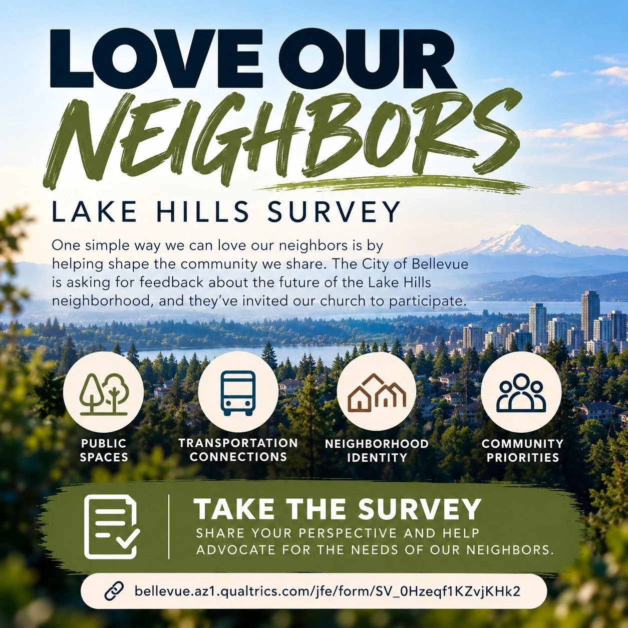 Loving our neighbors includes caring about the community we share. ❤️ 

The City of Bellevue is asking for feedback about the future of Lake Hills, and we&rsquo;d love for our church family to participate.

Take a few minutes to share your perspectiv