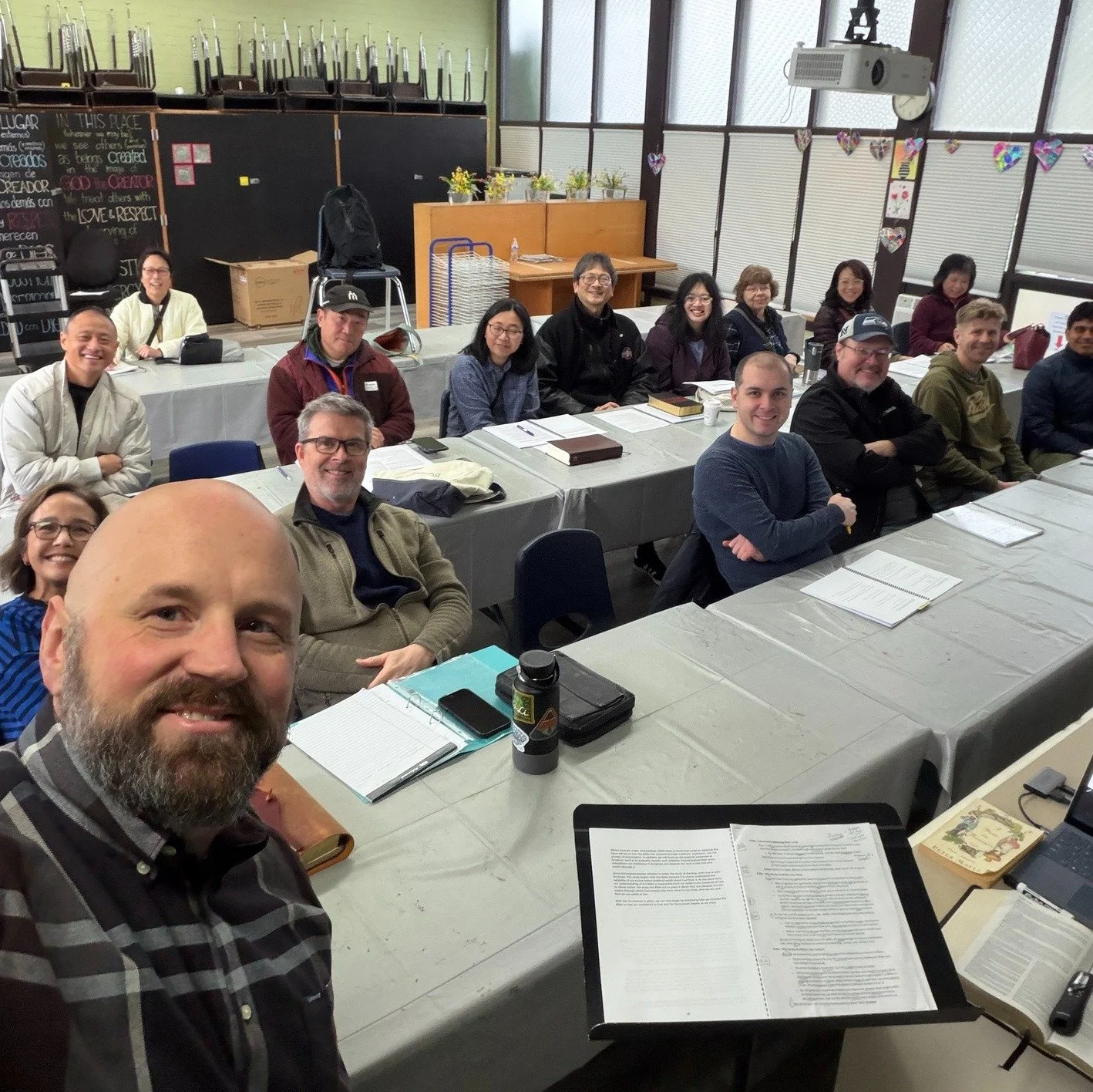 Here's a picture of our Theology Group from earlier this year!

Twice a month, we gather to explore challenging theological topics, study Scripture together, and deepen our understanding of what we believe and why.

Today at 9:30a at ECS we're explor