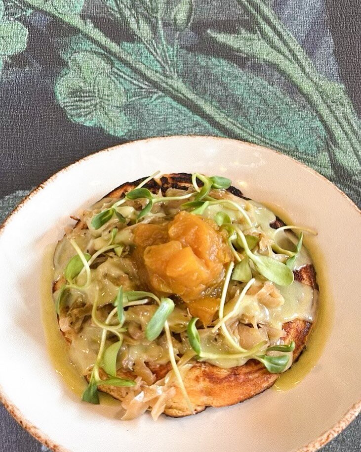 🌽 Our sweet &amp; savory Cornbread Pancake is perfect to share for brunch! It is gooey in the middle and topped with apple compote, chive cream, and black pepper cabbage. 

Brunch starts at 11am! We highly recommend making a reservation ✌🏼🫶🏼🥑