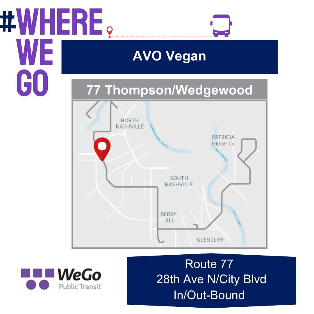 Where will you go with WeGo??

🚎 We are excited to partner with @wegotransit  this month to promote Route 77 Thompson/Wedgewood bus route! Our bus stop is a short walk to our restaurant and we&rsquo;re offering WeGo riders 10% off this month!