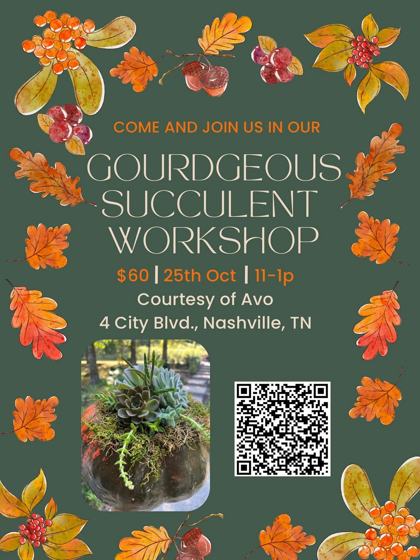 We&rsquo;re partnering up with @grounded_roots_ and hosting our first fall succulent workshop! 

You will be making your very own sustainable fall centerpiece to take home with you that will last for months. There will be quite the selection of pumpk