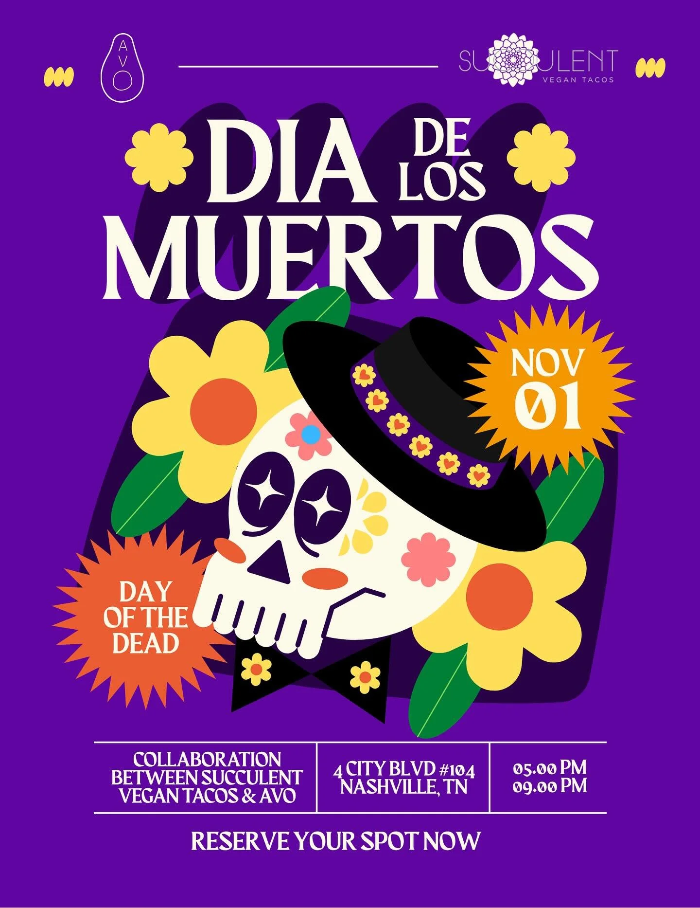🌼 D&Iacute;A DE LOS MUERTOS DINNER 🌼
Join us Saturday, November 1 from 5&ndash;9PM as we celebrate D&iacute;a de los Muertos with our friends at @succulentvegantacos 💀✨

We&rsquo;re coming together for one special night of plant-based dishes inspi