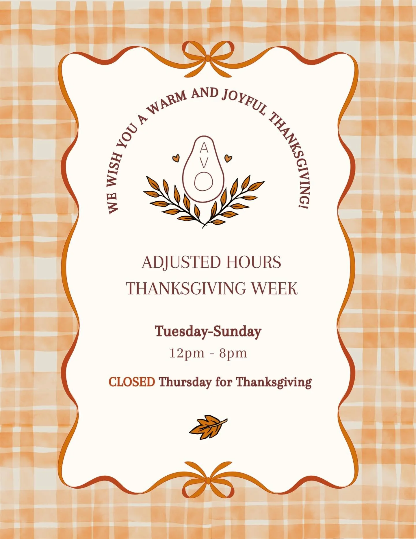 ✨ We&rsquo;re OPEN this week with adjusted hours! We&rsquo;ll be opening at 12pm instead of 11.
We&rsquo;ll be CLOSED on Thanksgiving.
Wishing you all a wonderful holiday! We&rsquo;re truly grateful for you! 🥑💚
