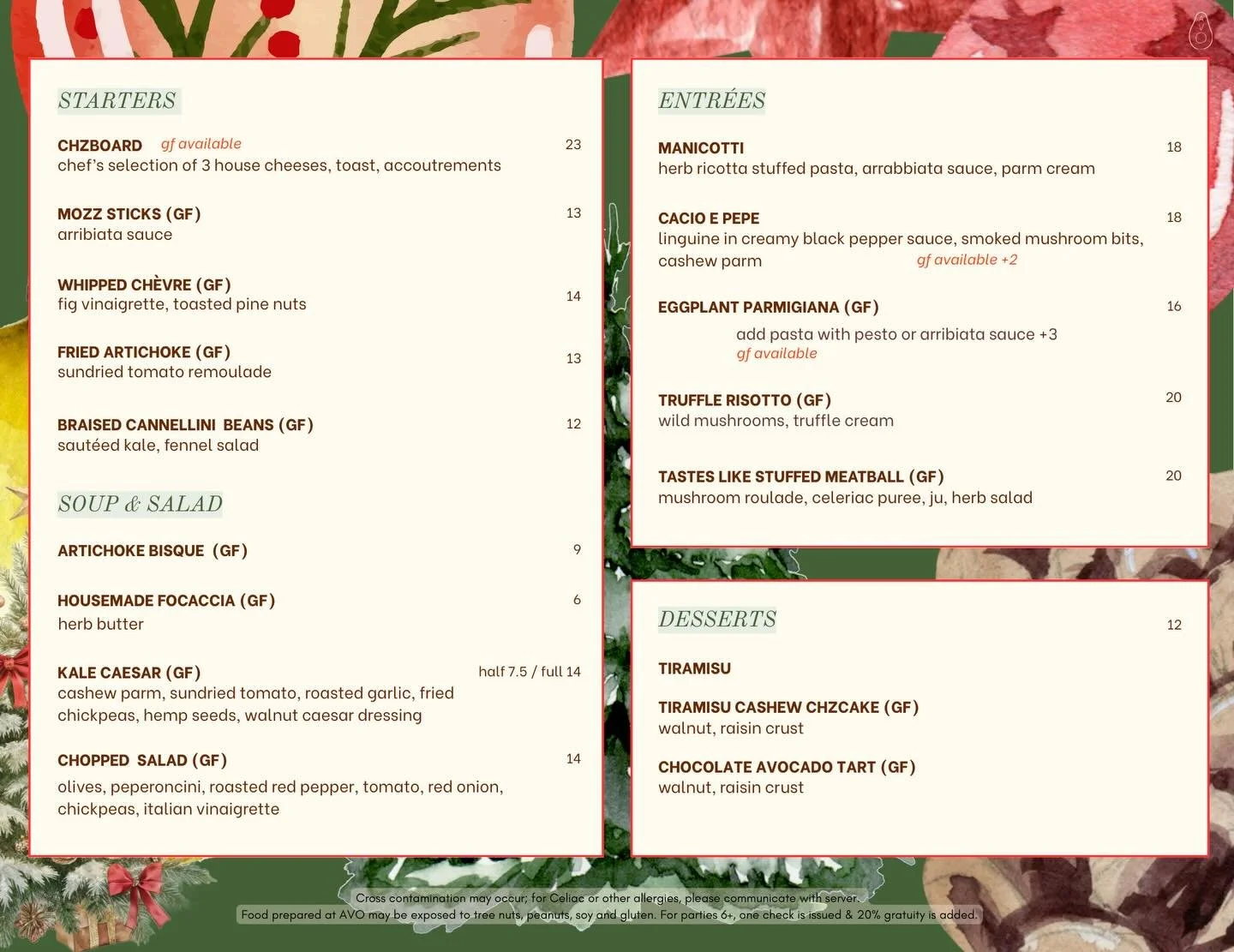 Menu drop! 
AVO goes Italian for the holidays 🇮🇹✨
This weekend only.
December 19 and 20.
Come hungry and celebrate with us! 

Reservations are highly recommended. 

#holidays #italiandinner