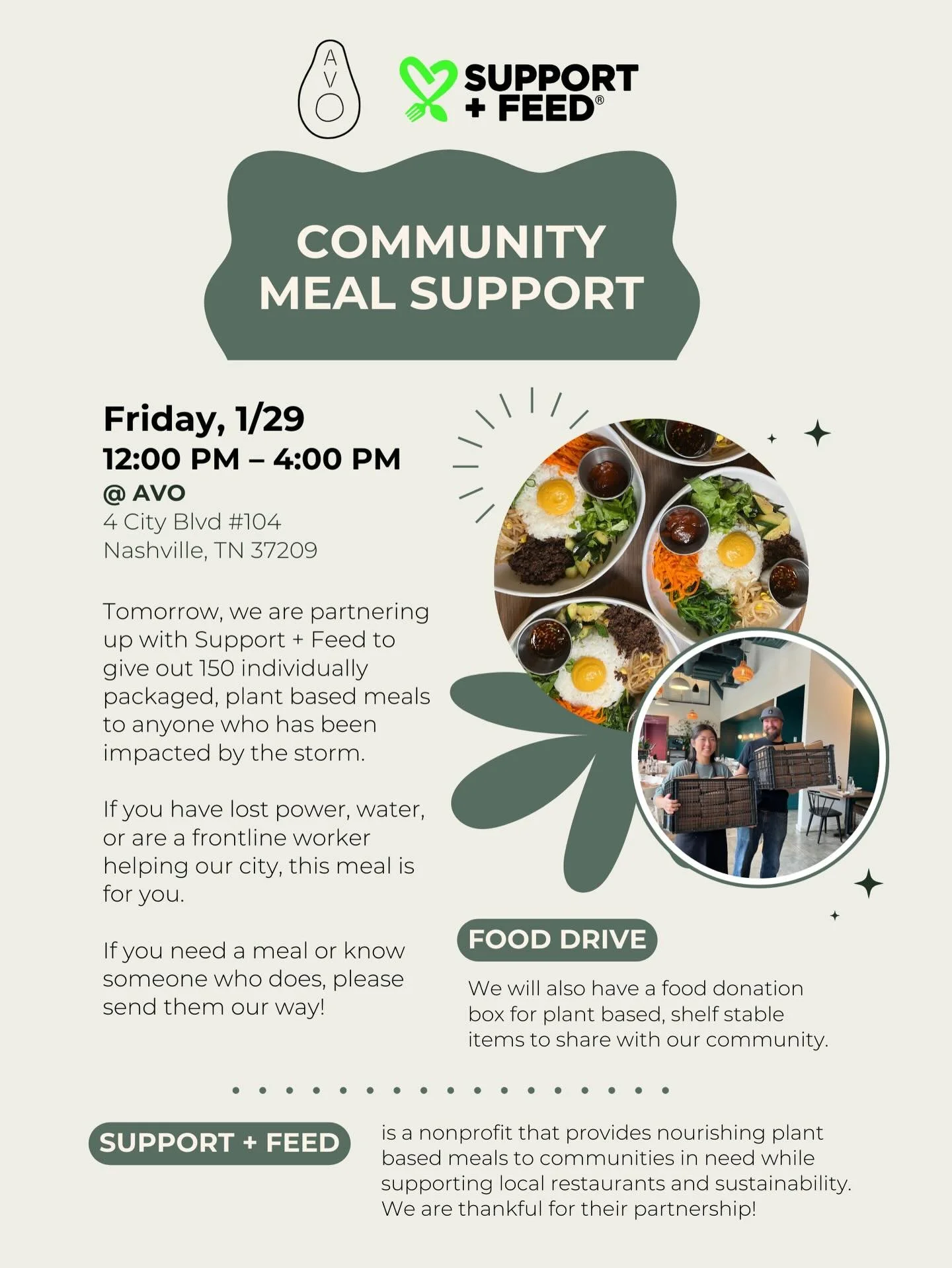 Snow and ice hit our city hard. Community shows up harder 💪🏼 

Tomorrow, FRIDAY 1/30, AVO is partnering with @supportandfeed to give out 150 plant based meals to anyone impacted by the storm. Huge thank you to Support + Feed for teaming up with us 