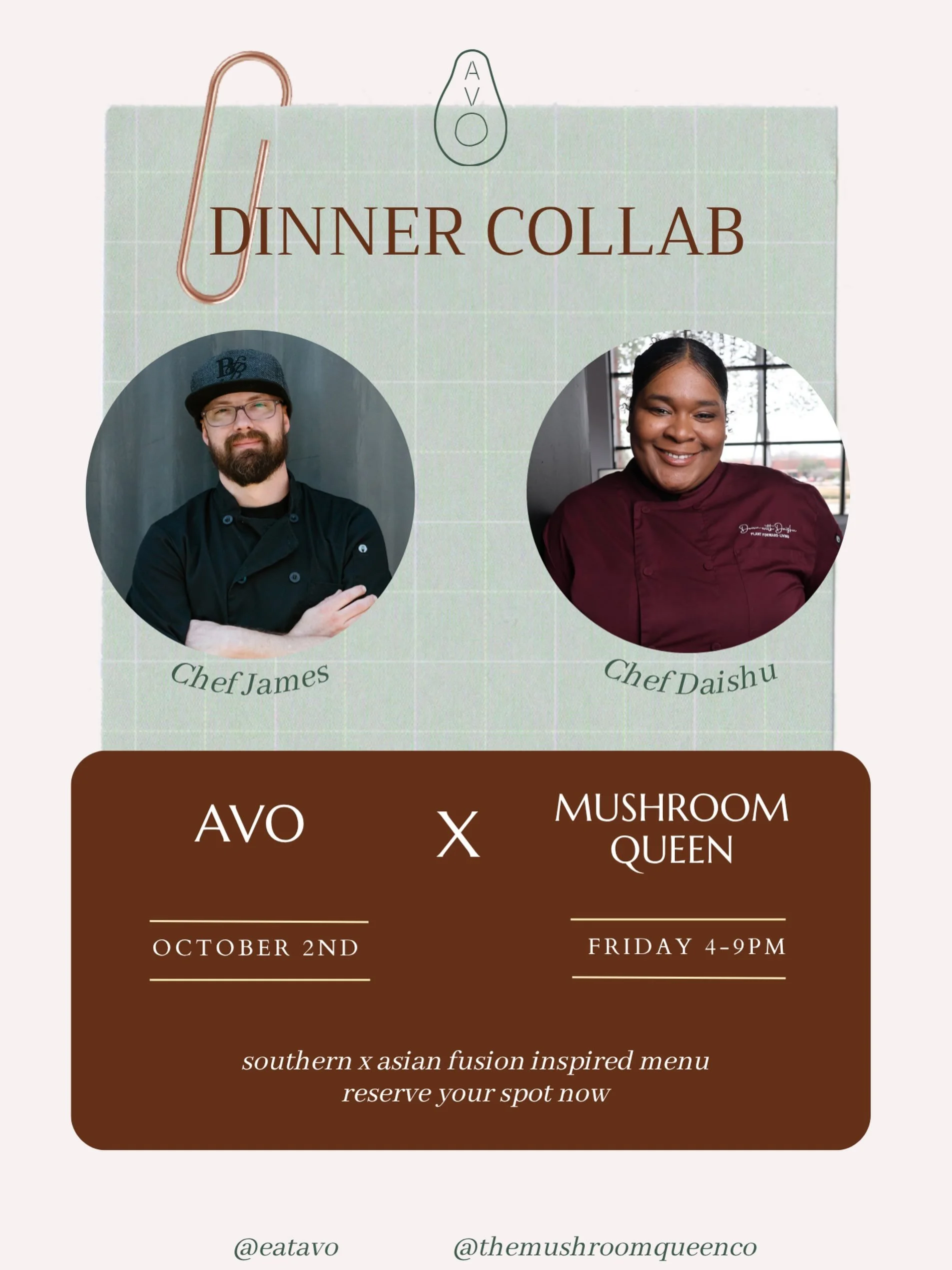📣 We&rsquo;re thrilled to announce that Chef Daishu, the creative mind behind @themushroomqueenco, is coming to AVO on October 2nd to cook alongside our one and only Chef James.
Chef Daishu brings a philosophy we deeply connect with: plant-forward c