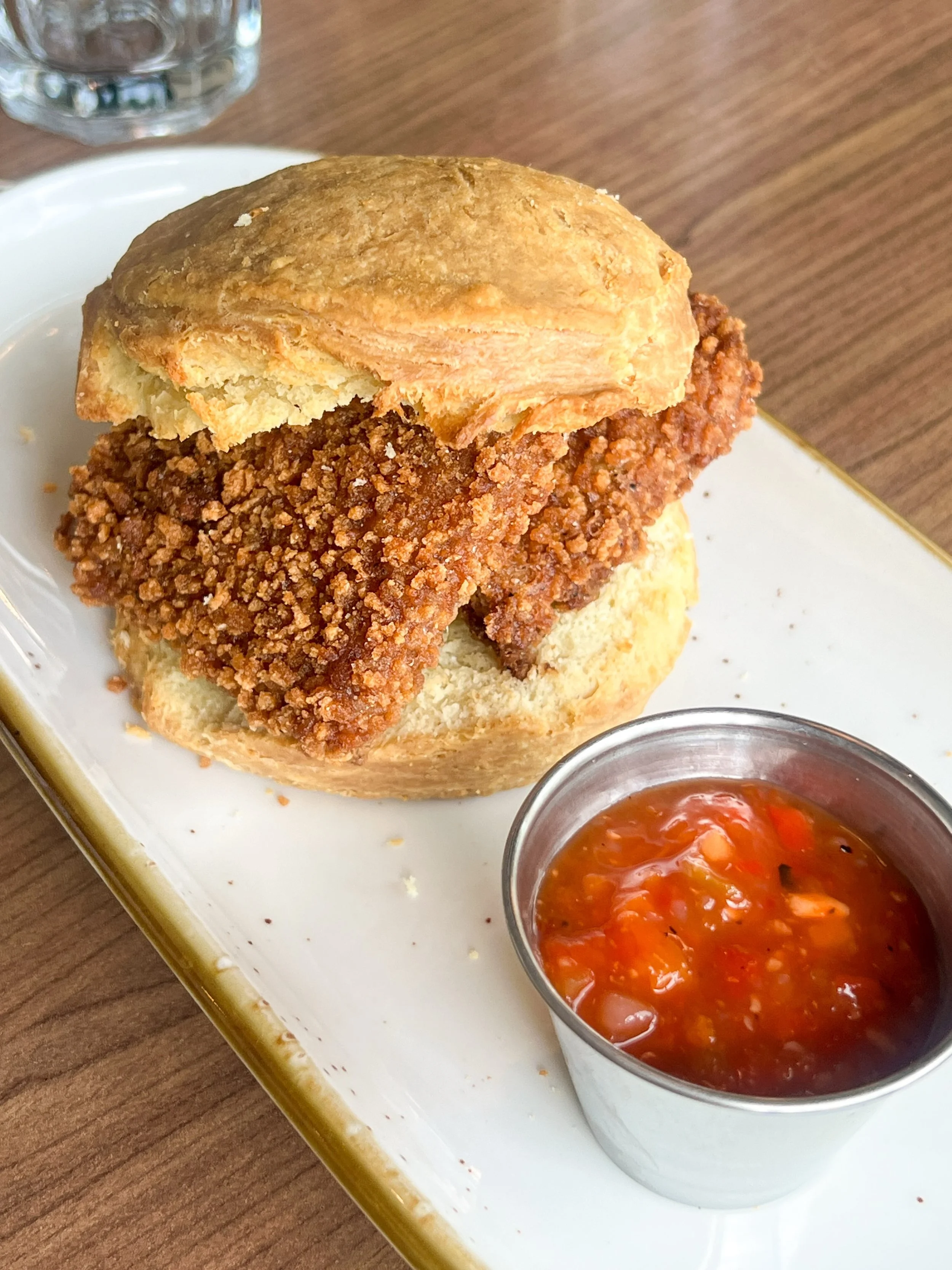 Fried Chikn Biscwich served with pepper jelly on the side ☀️ Available 11am-3pm Saturdays and Sundays! #brunch #vegan