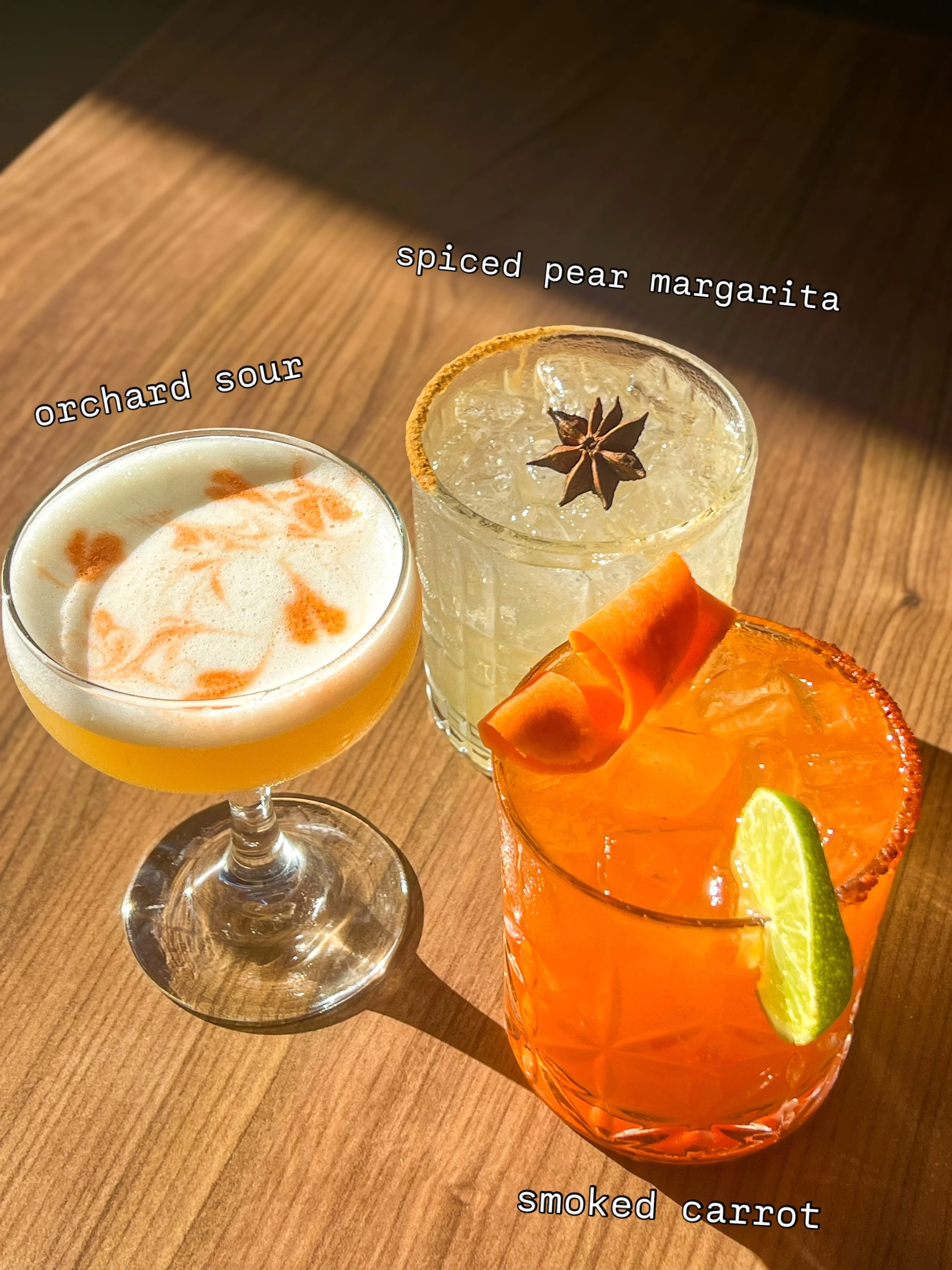 This year, we centered our fall beverage menu around pears, apples, carrots, blood orange, and mushrooms. Come enjoy a cocktail or mocktail at the bar or lounge with us 🥃 open for all gatherings 🍂 #cocktails #mocktails