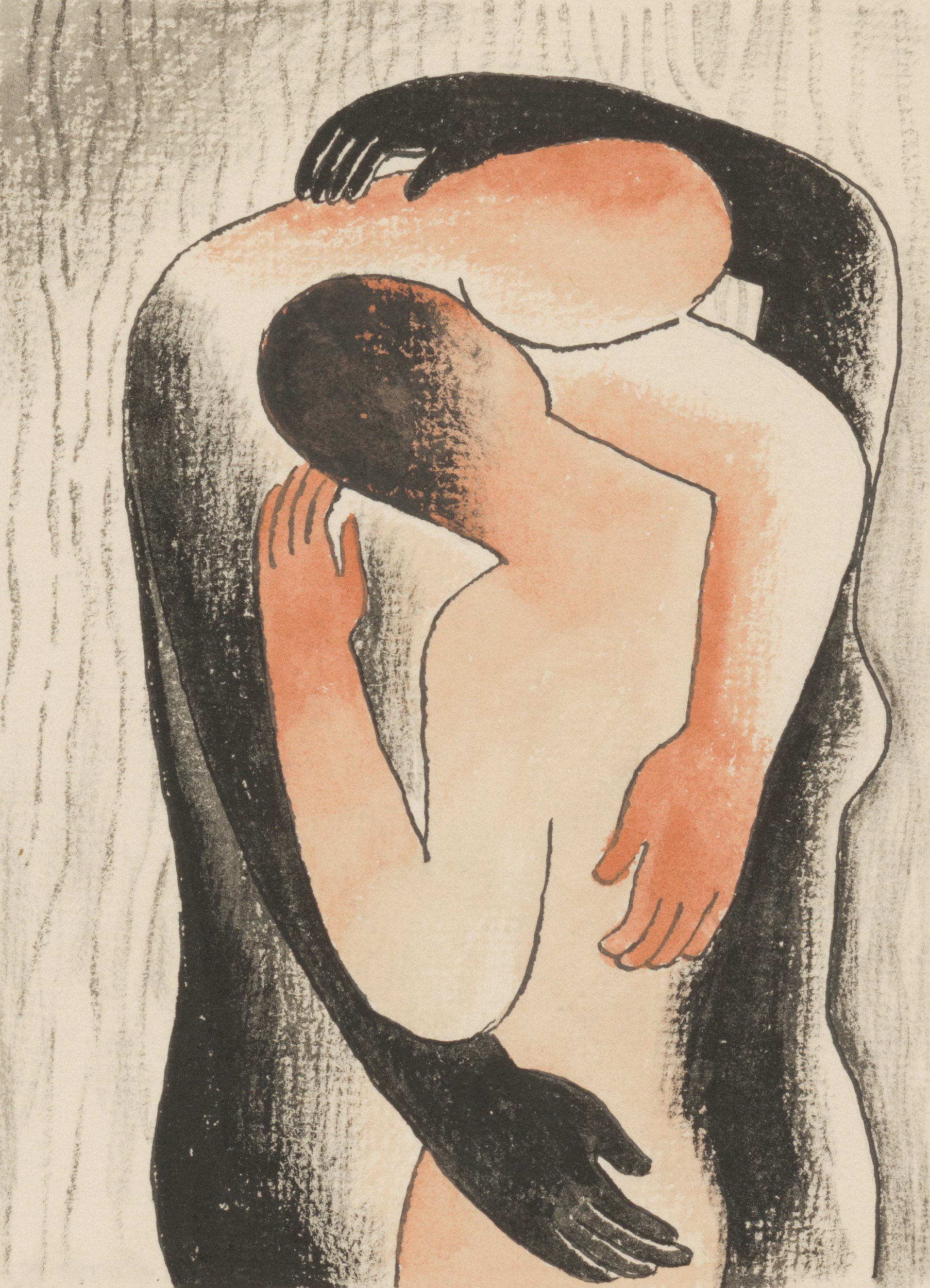 An abstract art piece featuring a figure with long black hair, a prominent nose, and a hand resting on their face. The figure's skin tone is light, and they are wearing dark clothing. The background has a textured, light-colored surface.
