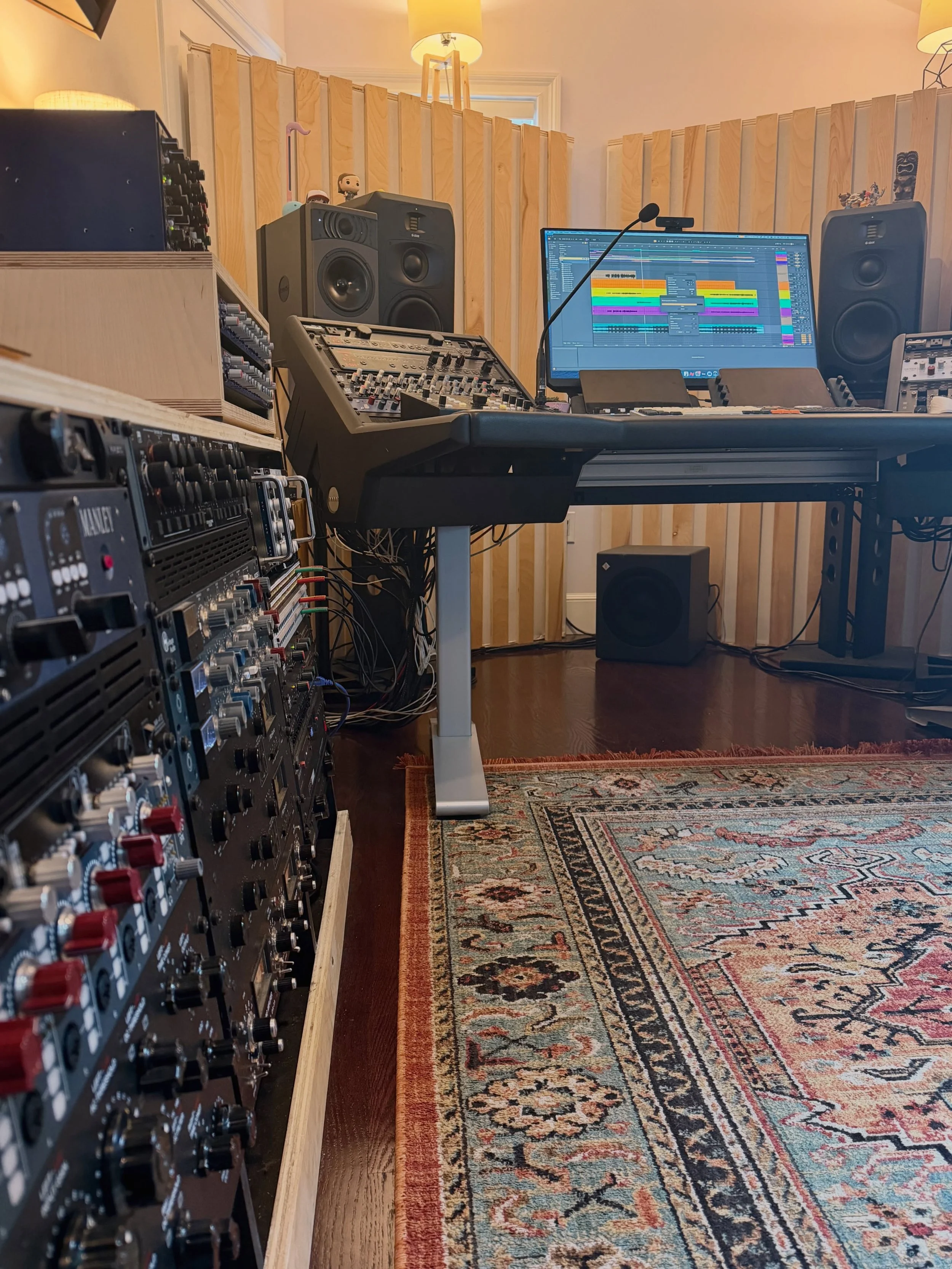realized we haven&rsquo;t posted the studio a control room in a minute, so here it is; 
nice rug 
that is all 
#studio #mixing #mixingandmastering #newengland #diy